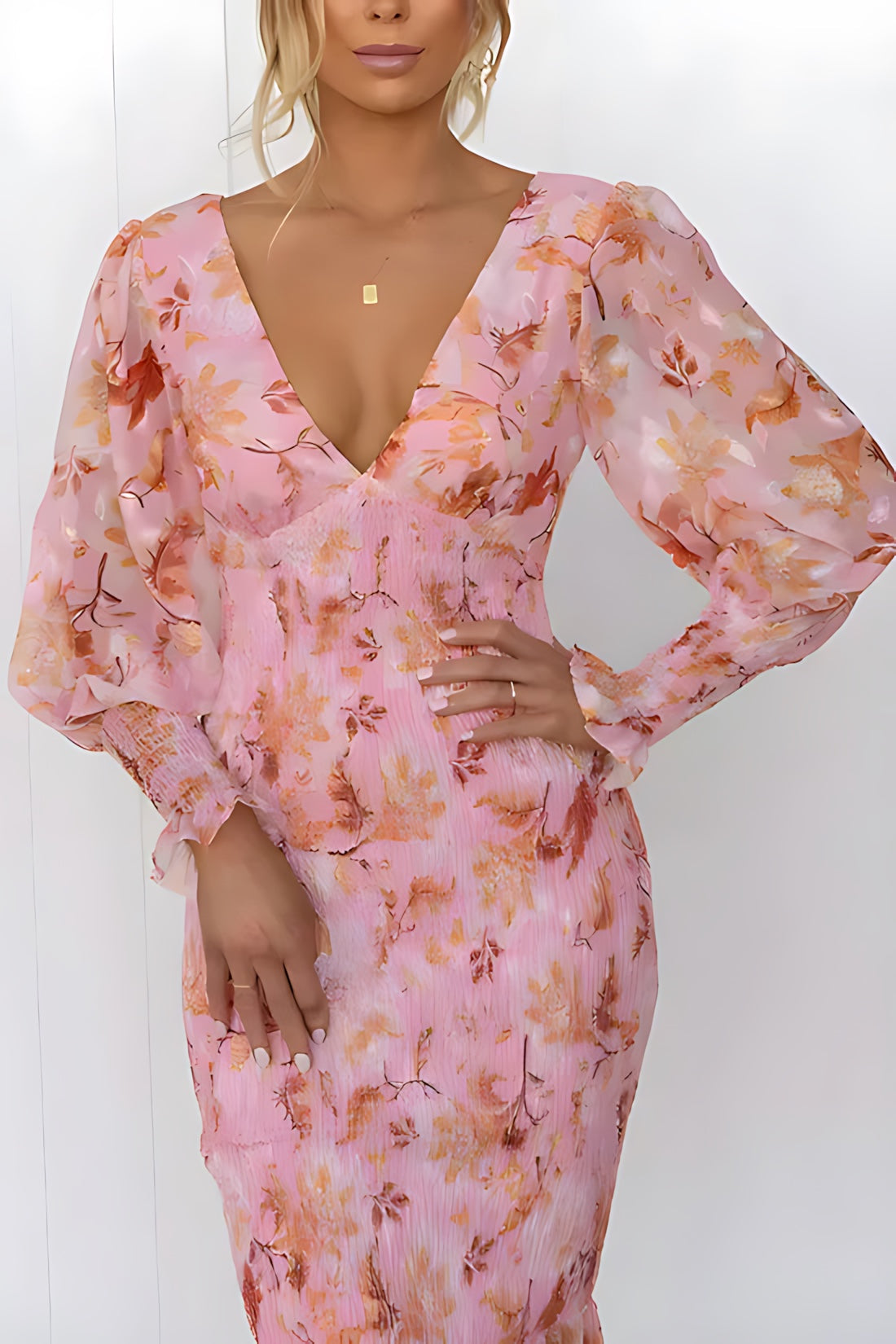 Rebecca – Floral V Neck Puff Sleeve Wedding Guest Midi Dress