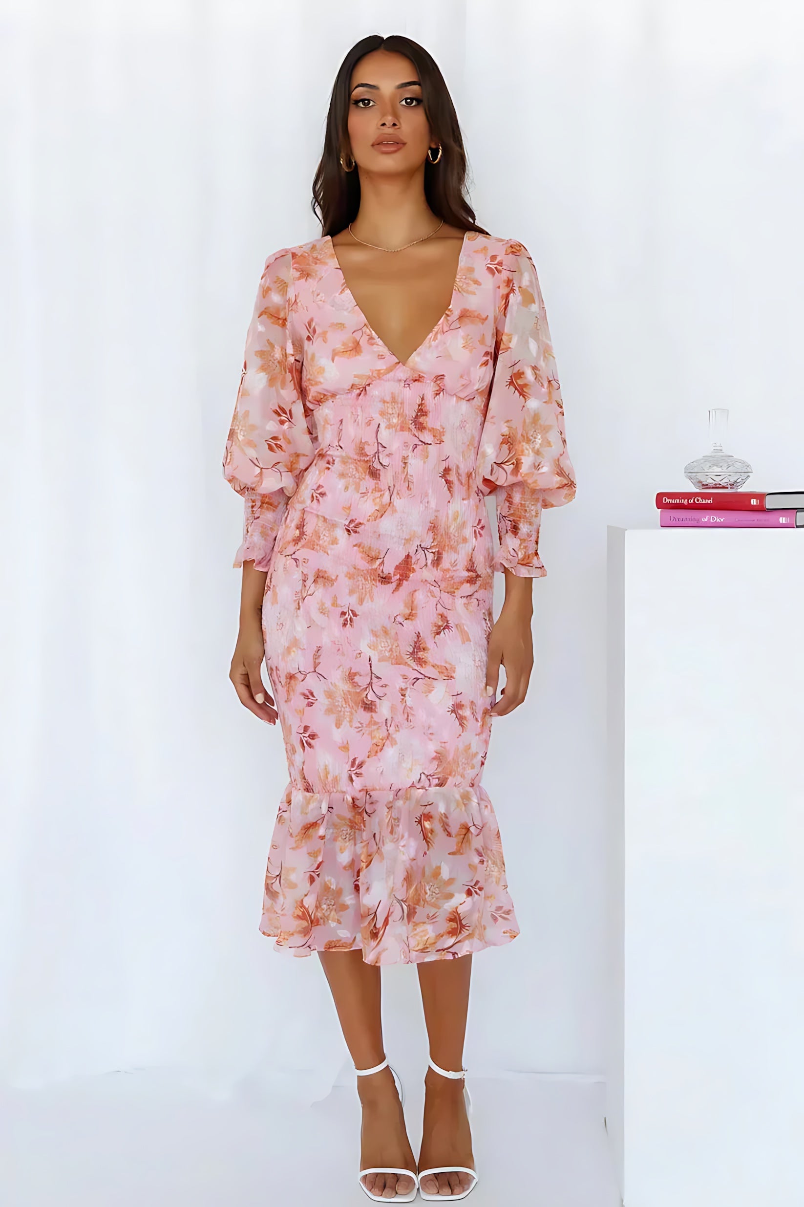 Rebecca – Floral V Neck Puff Sleeve Wedding Guest Midi Dress