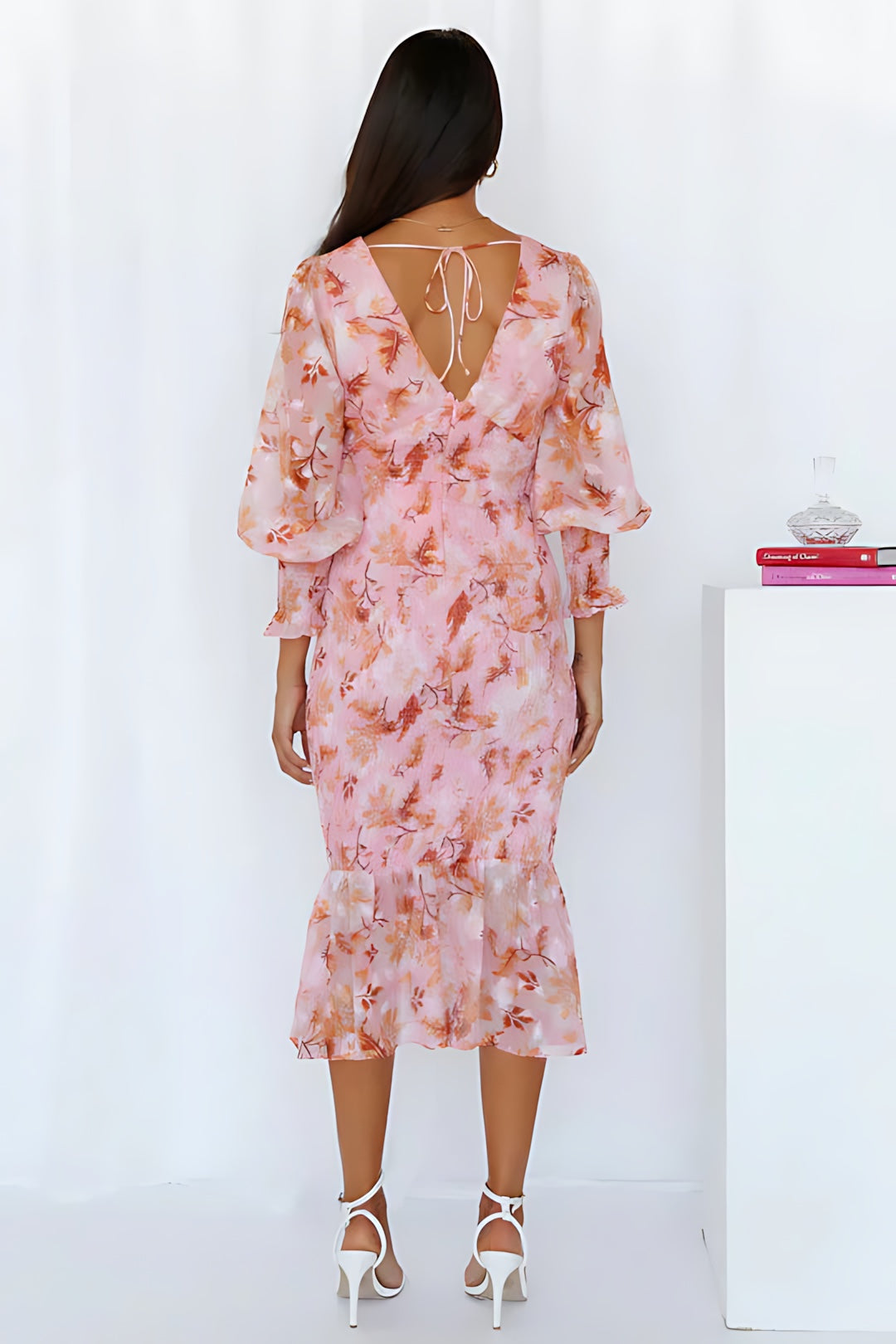 Rebecca – Floral V Neck Puff Sleeve Wedding Guest Midi Dress