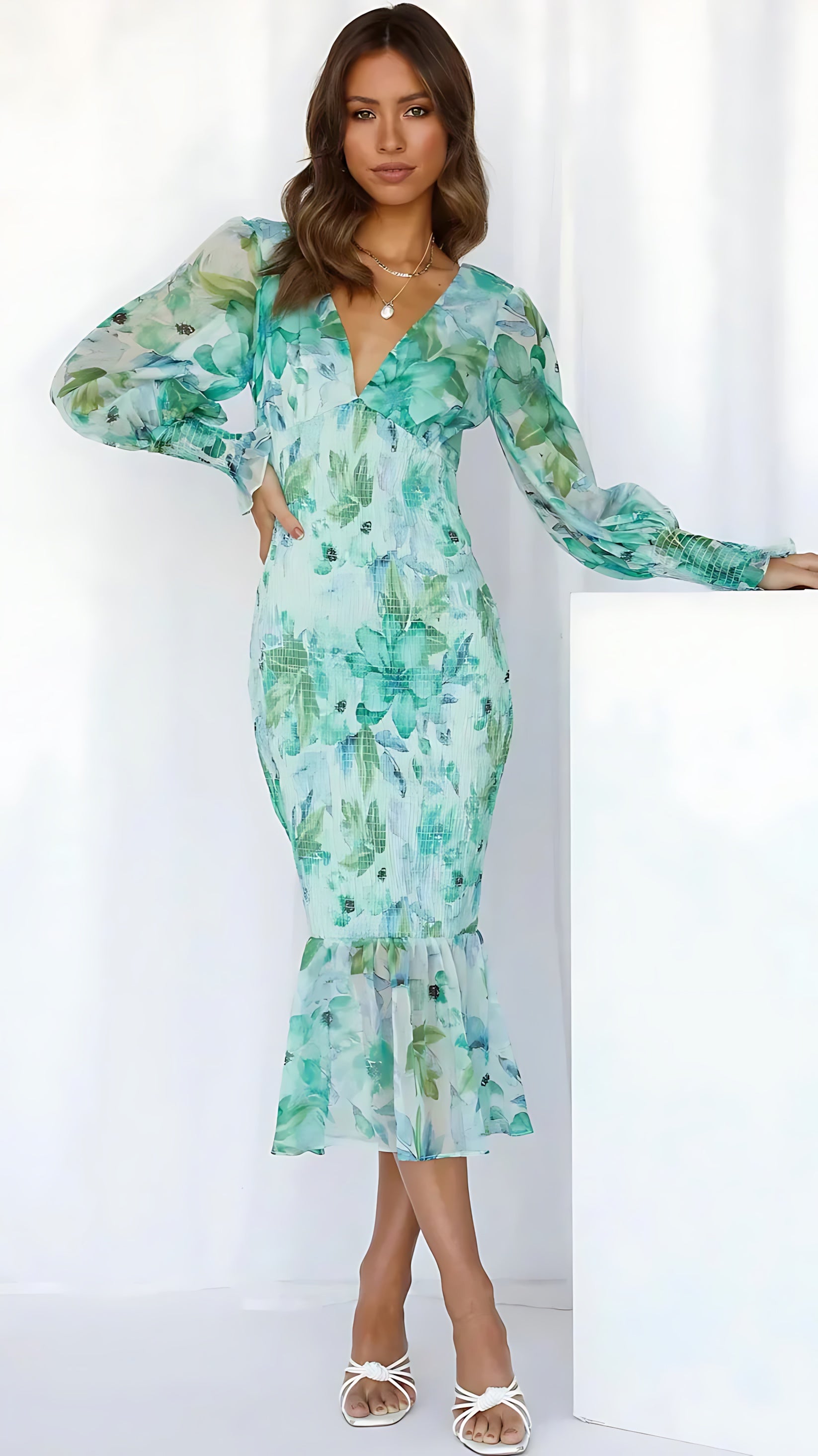 Rebecca – Floral V Neck Puff Sleeve Wedding Guest Midi Dress