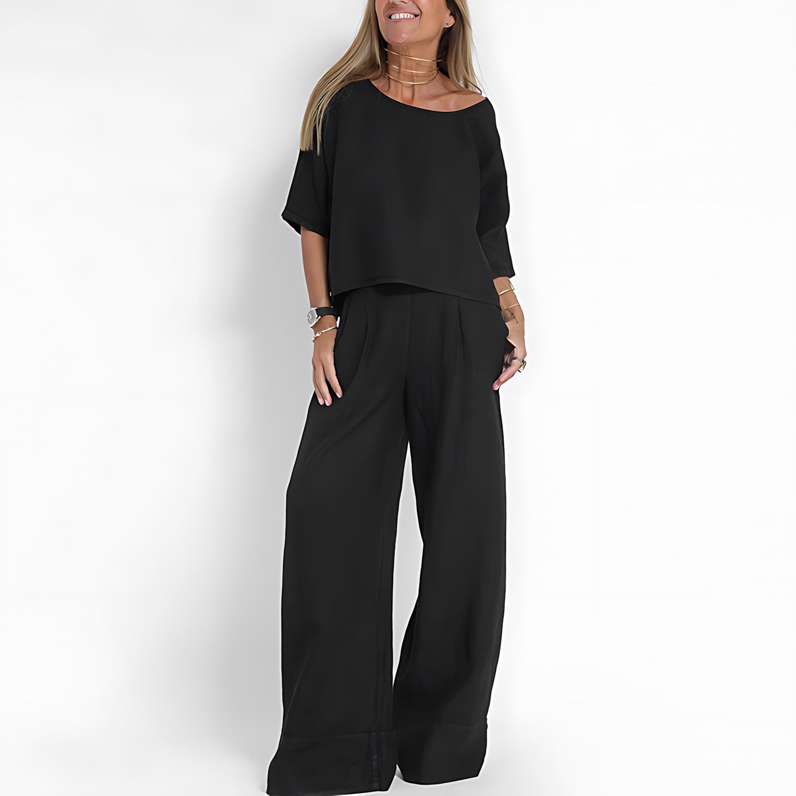 Rebecca – Short Sleeve Knit Top And Wide Leg Pants Set