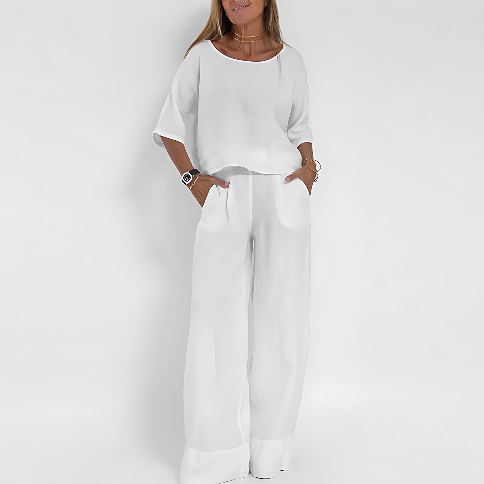 Rebecca – Short Sleeve Knit Top And Wide Leg Pants Set