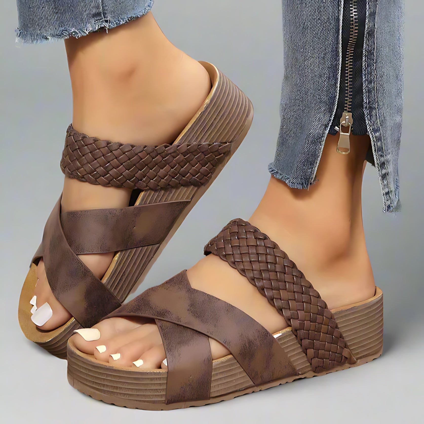 Rebecca – Woven Strappy Low Wedge Sandals