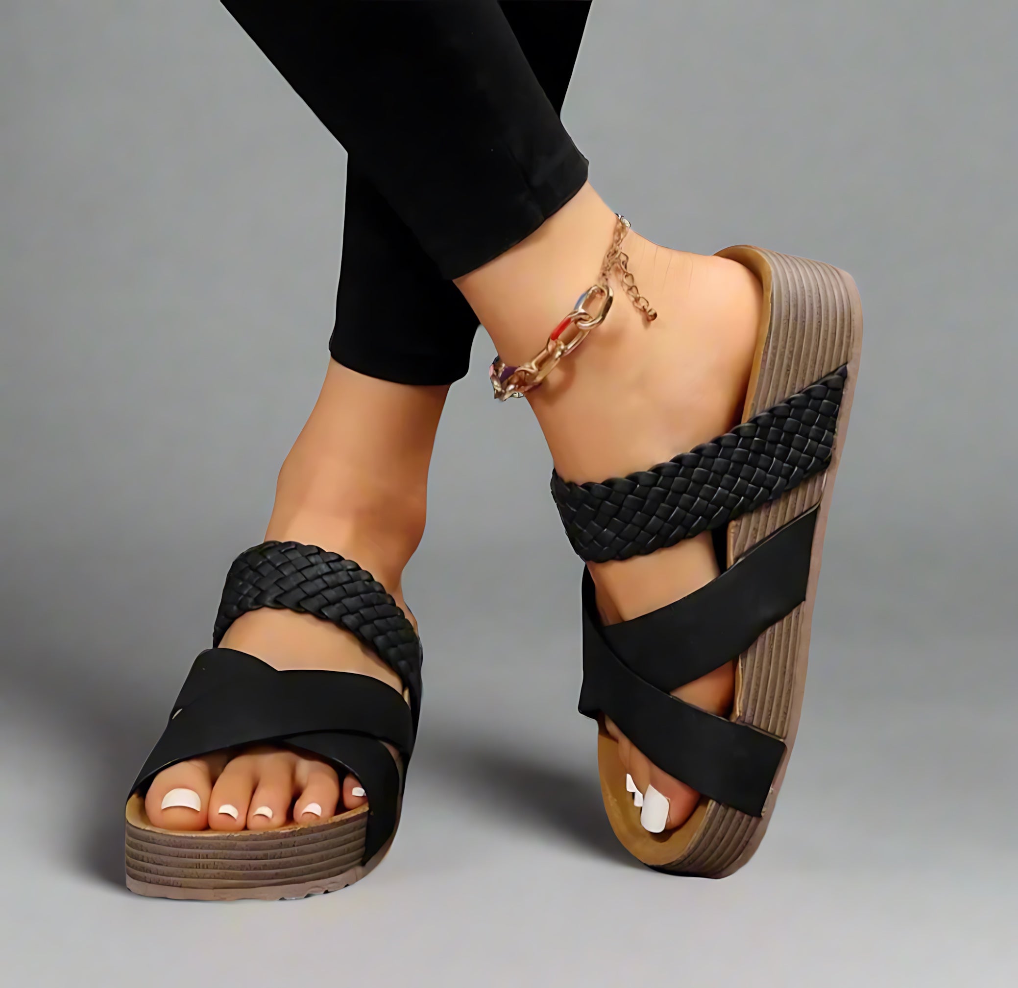 Rebecca – Woven Strappy Low Wedge Sandals