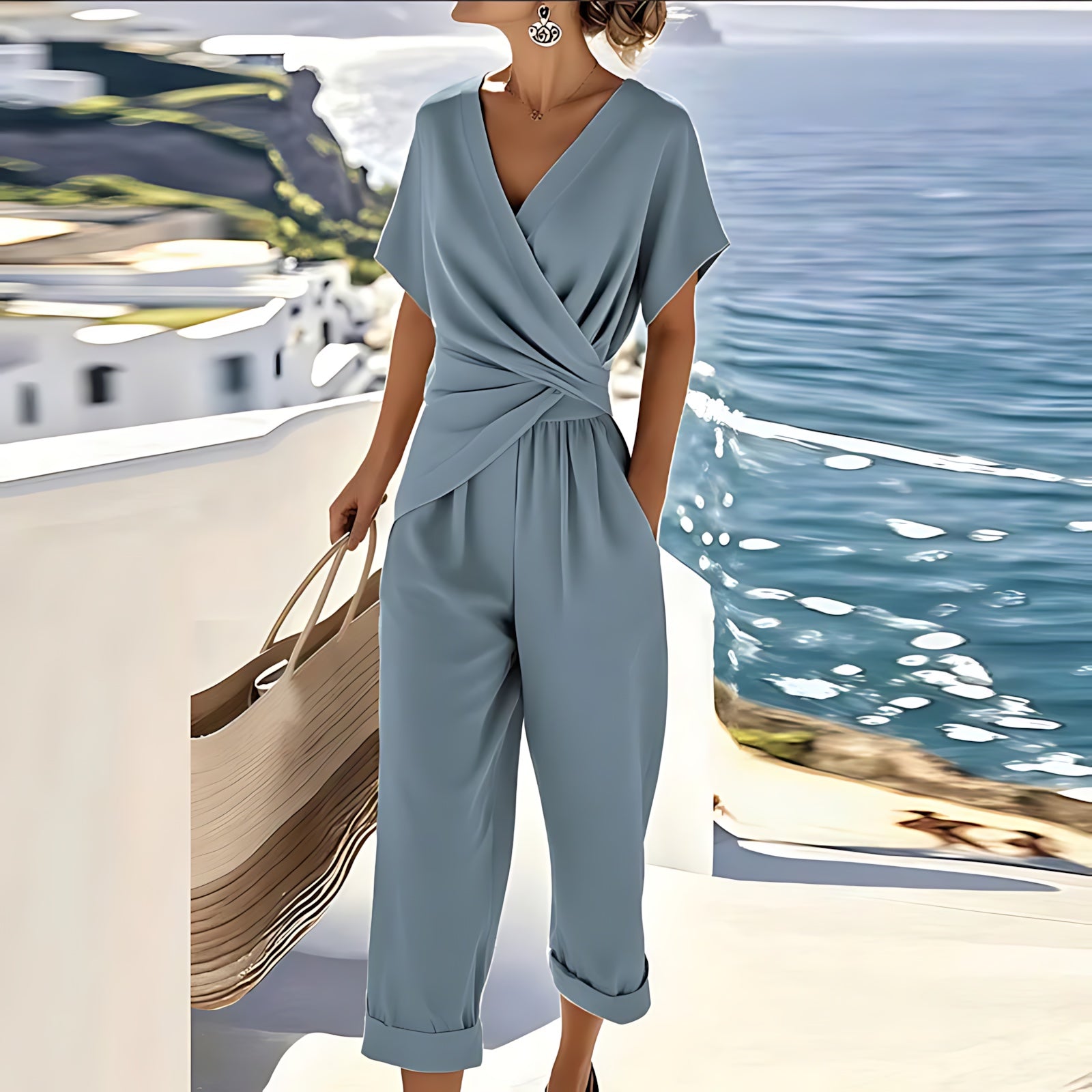 Renata – Twist Front Top and Cropped Wide Leg Pants Set