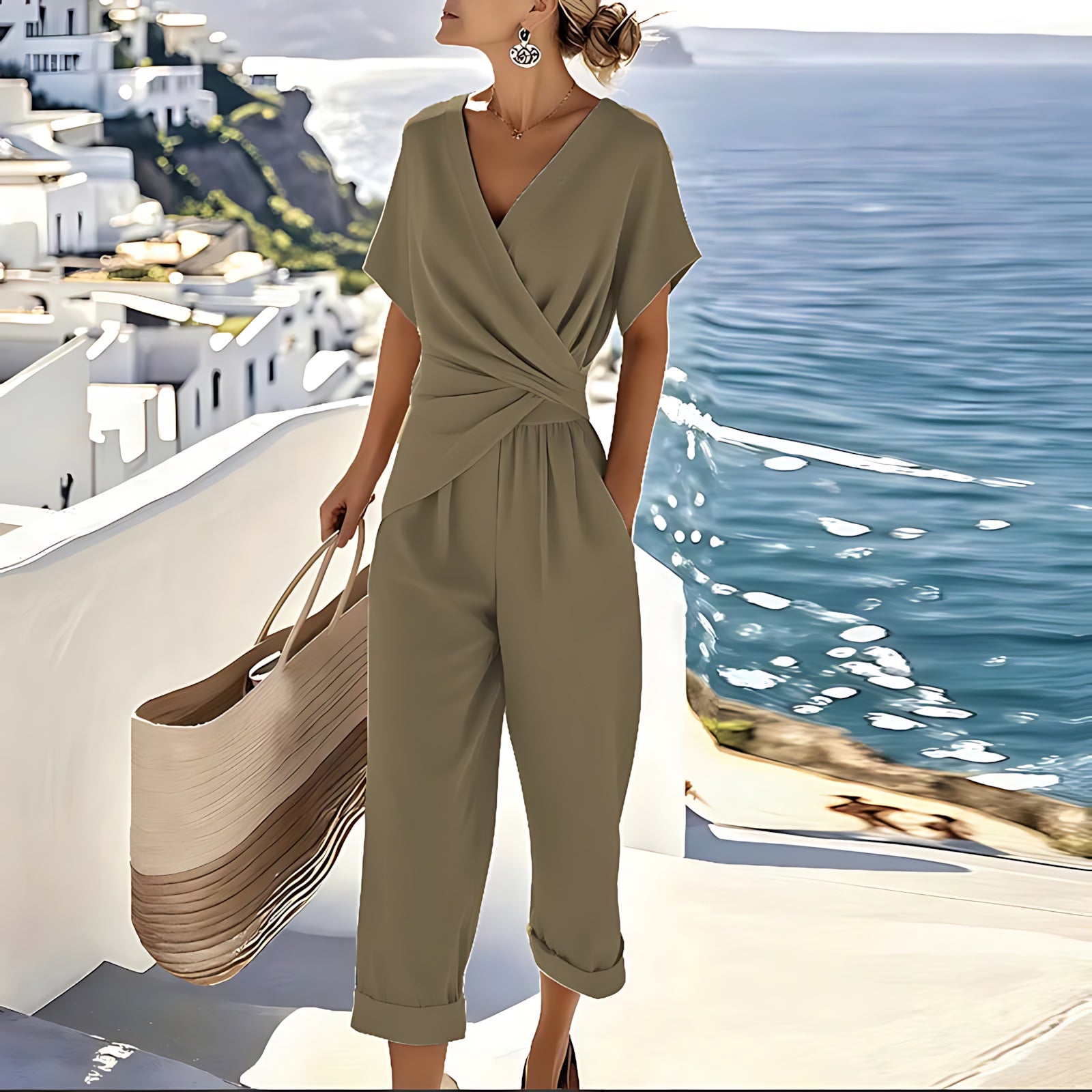 Renata – Twist Front Top and Cropped Wide Leg Pants Set