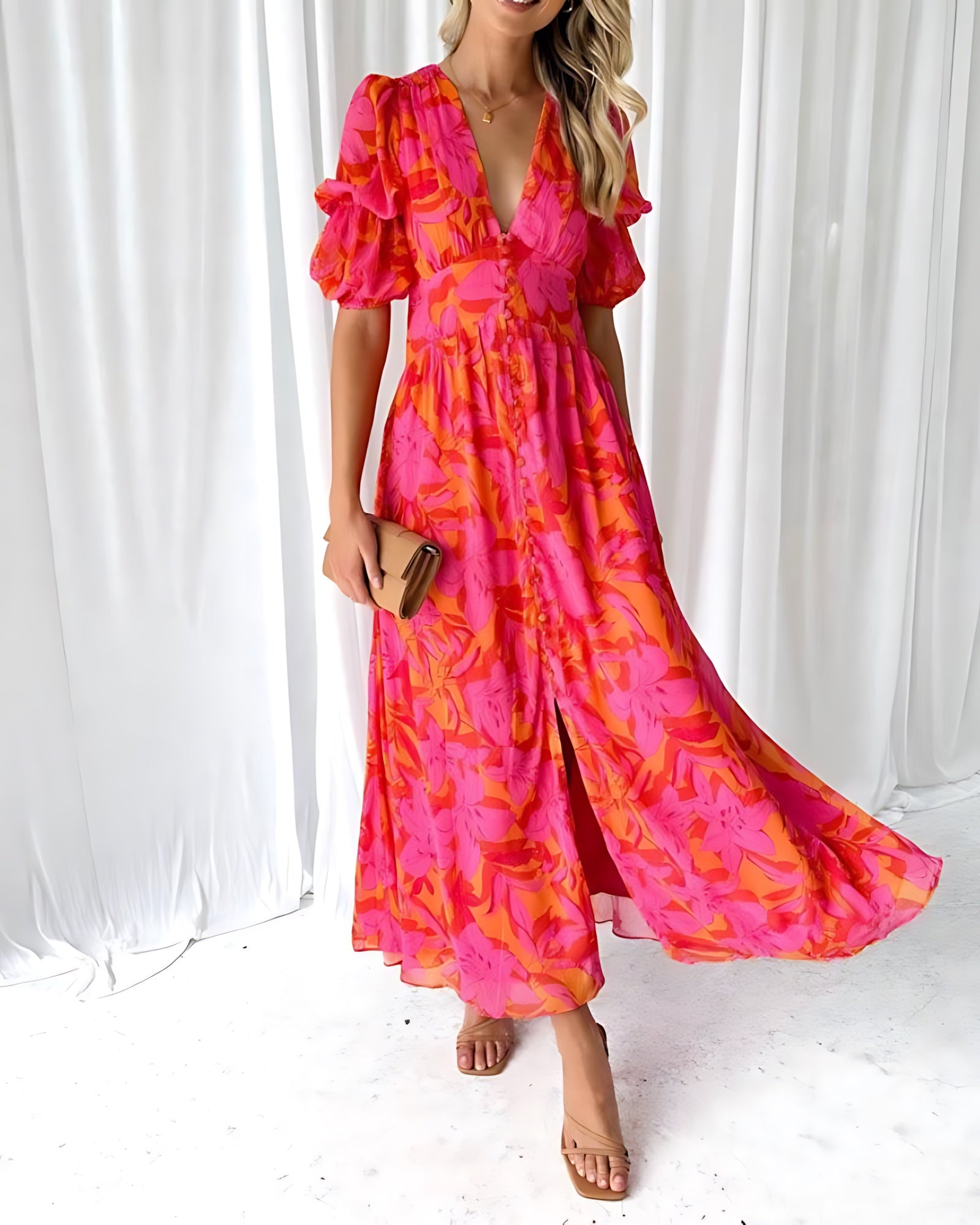 Riley – Floral Print Puff Sleeve Summer Maxi Dress