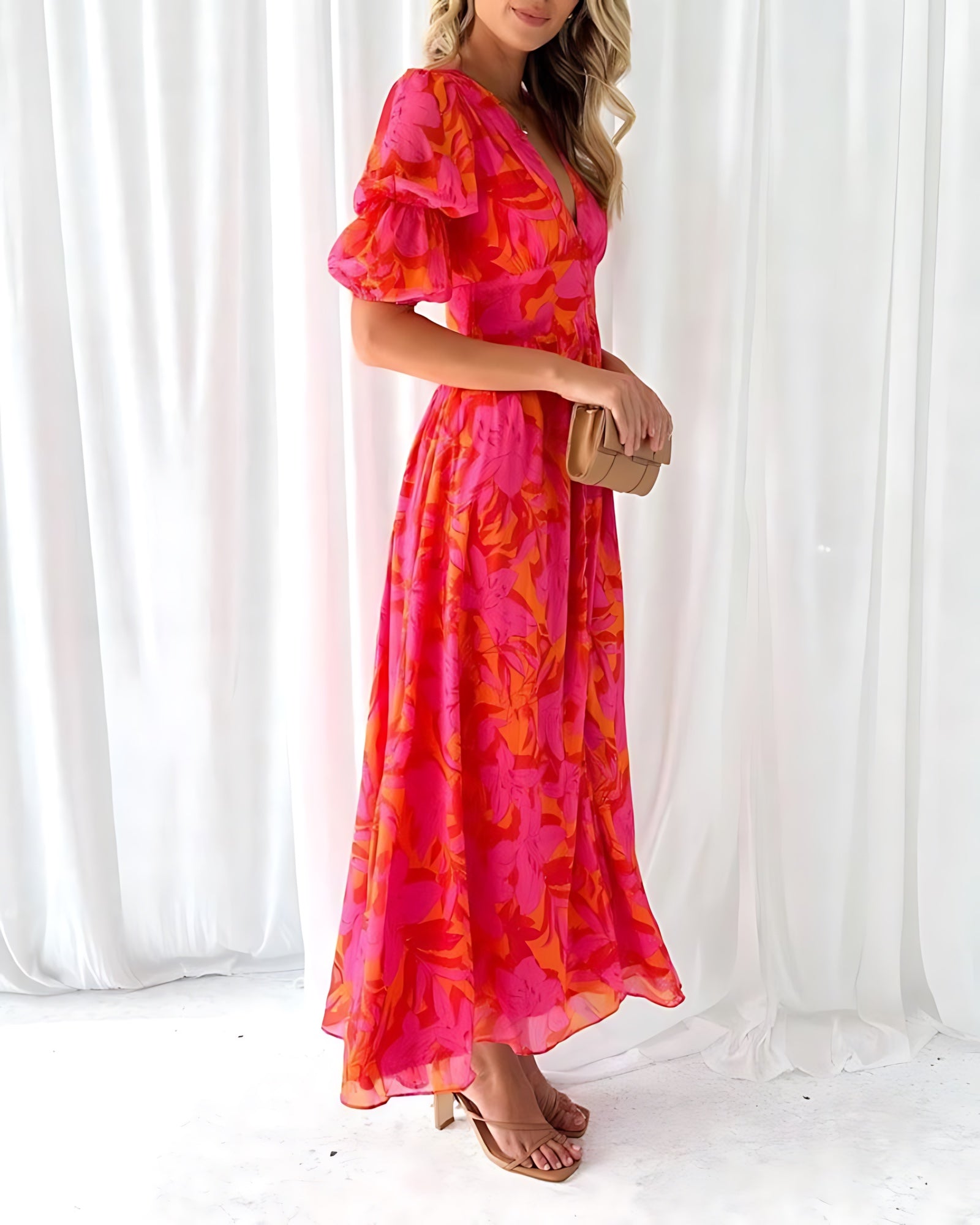 Riley – Floral Print Puff Sleeve Summer Maxi Dress