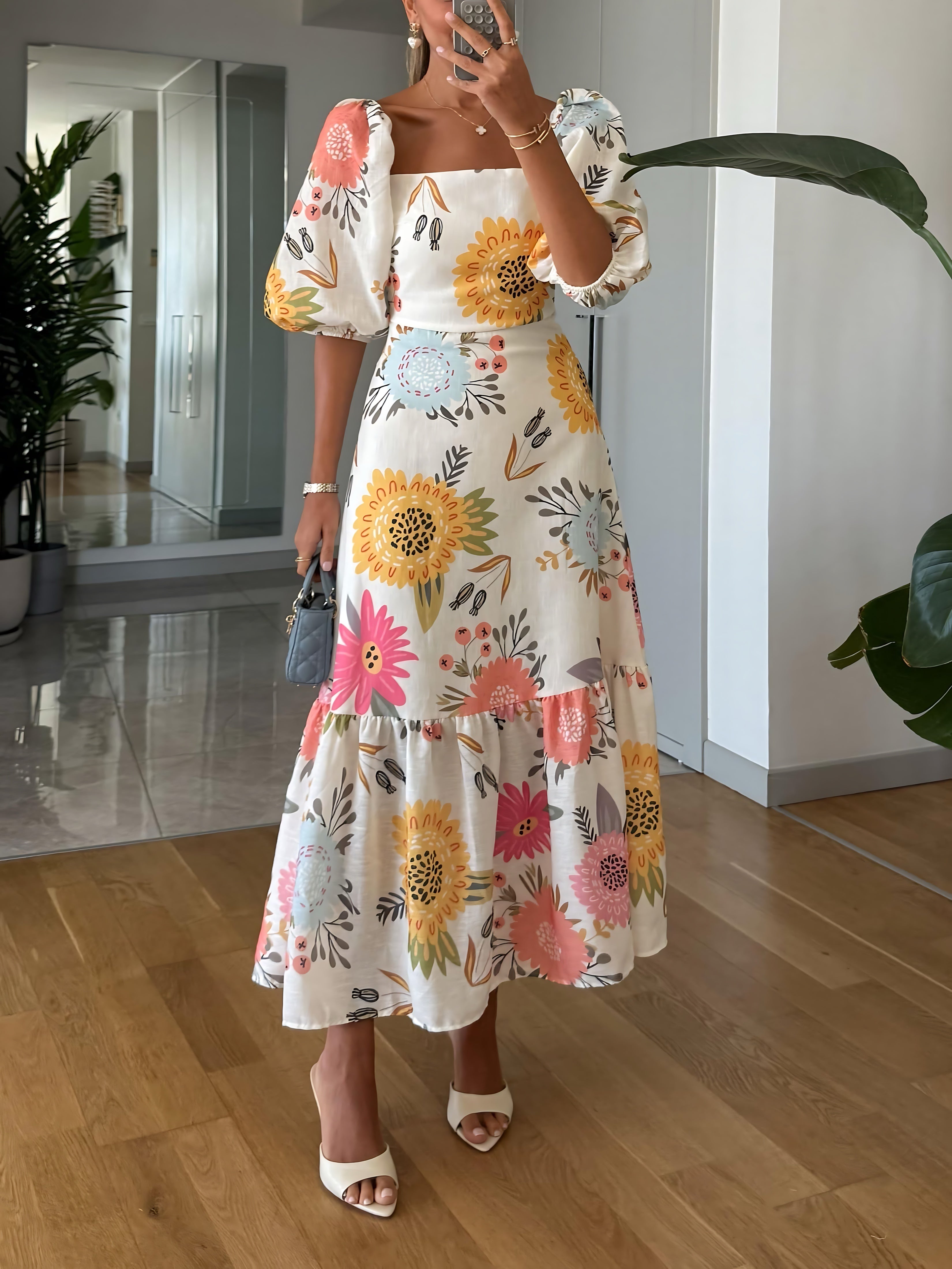 Rosalie – Floral Square Neck Puff Sleeve Midi Dress