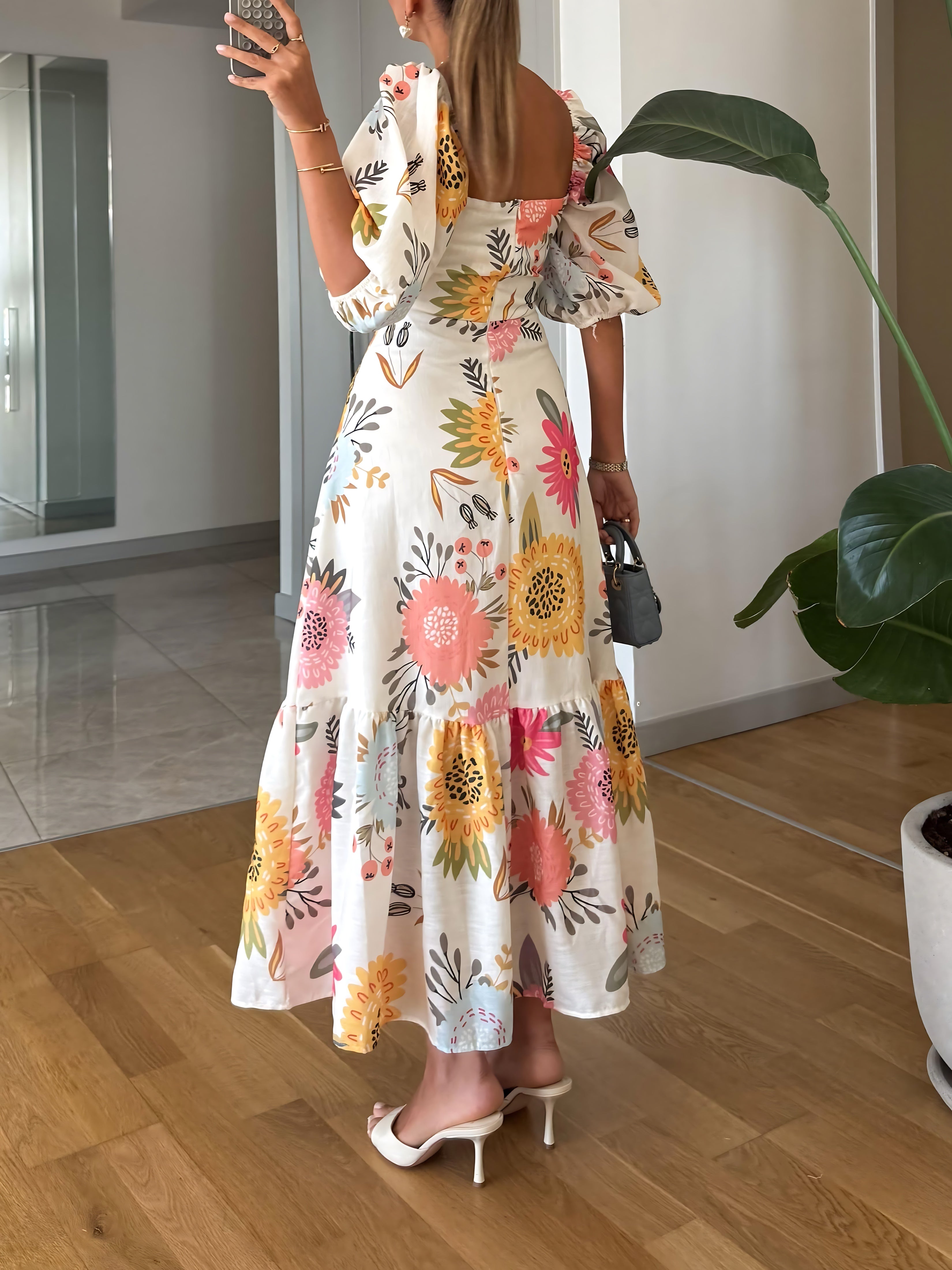 Rosalie – Floral Square Neck Puff Sleeve Midi Dress