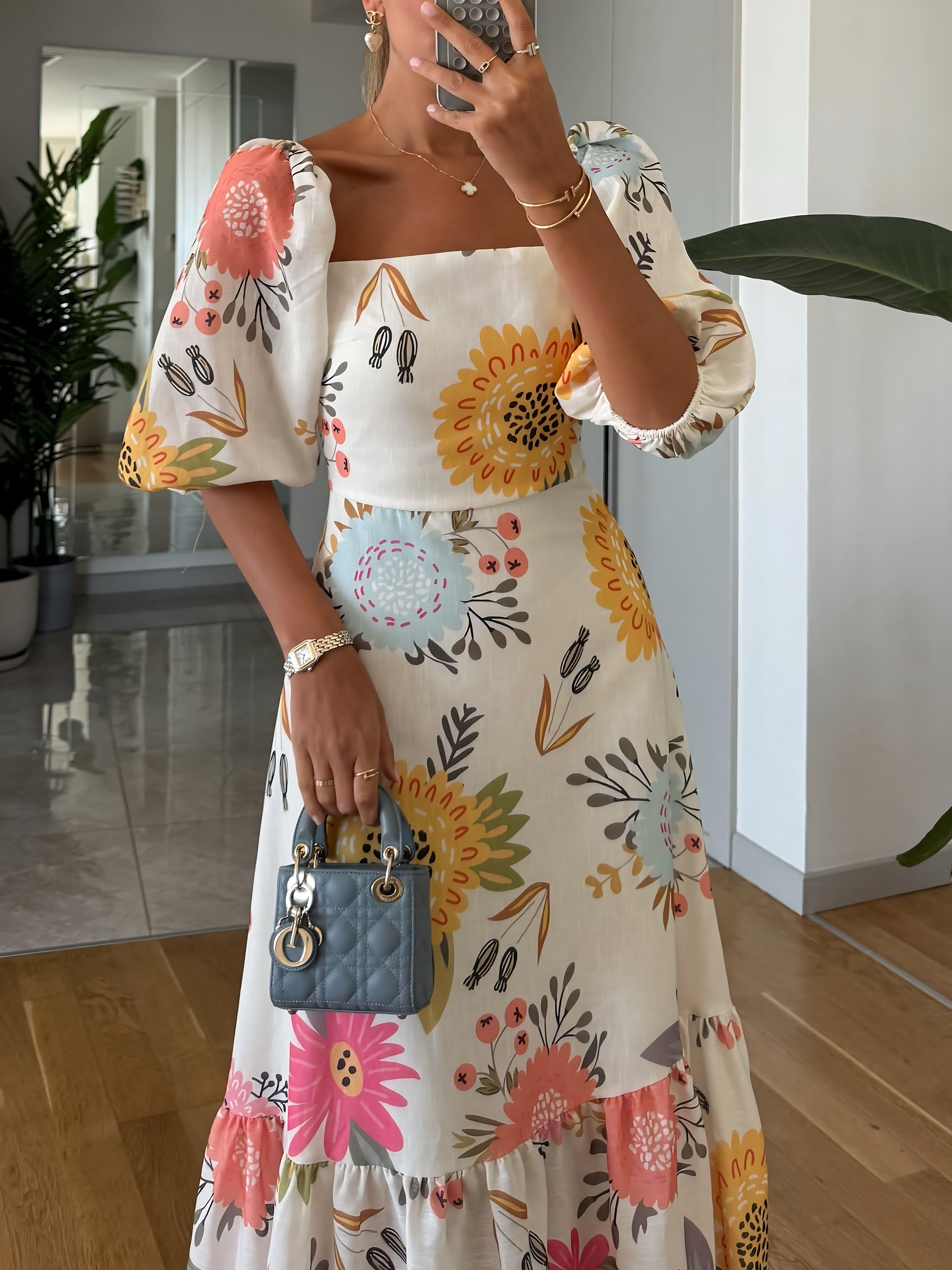 Rosalie – Floral Square Neck Puff Sleeve Midi Dress