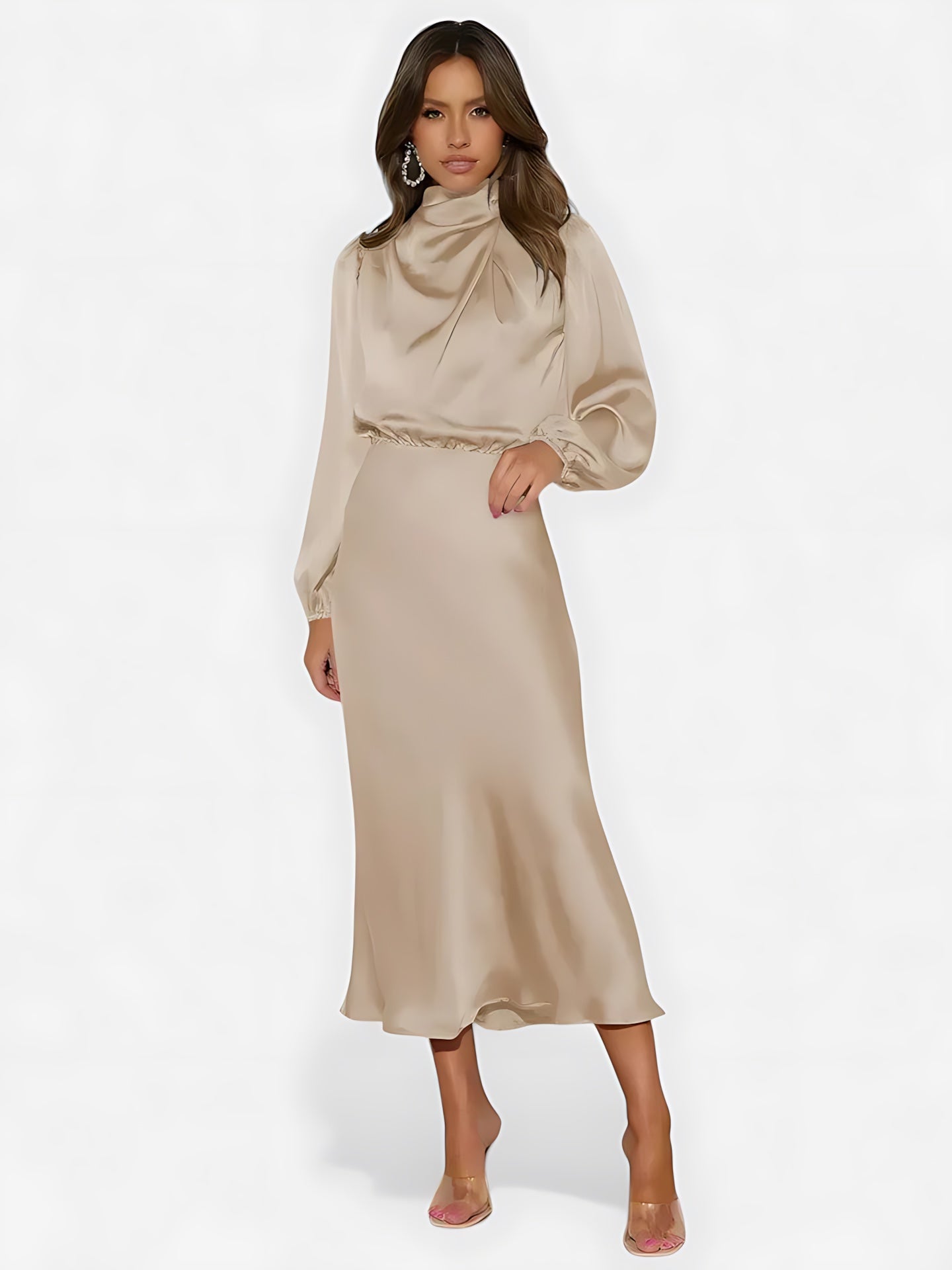 Rosalie – Satin Balloon Sleeve Cocktail Midi Dress