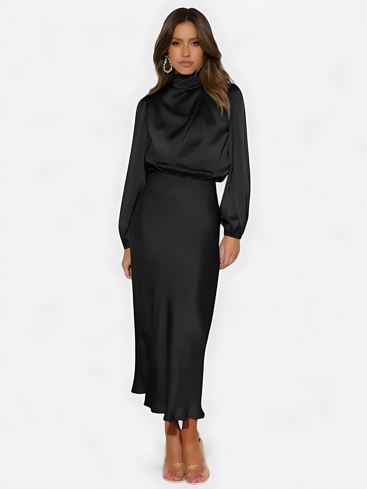 Rosalie – Satin Balloon Sleeve Cocktail Midi Dress