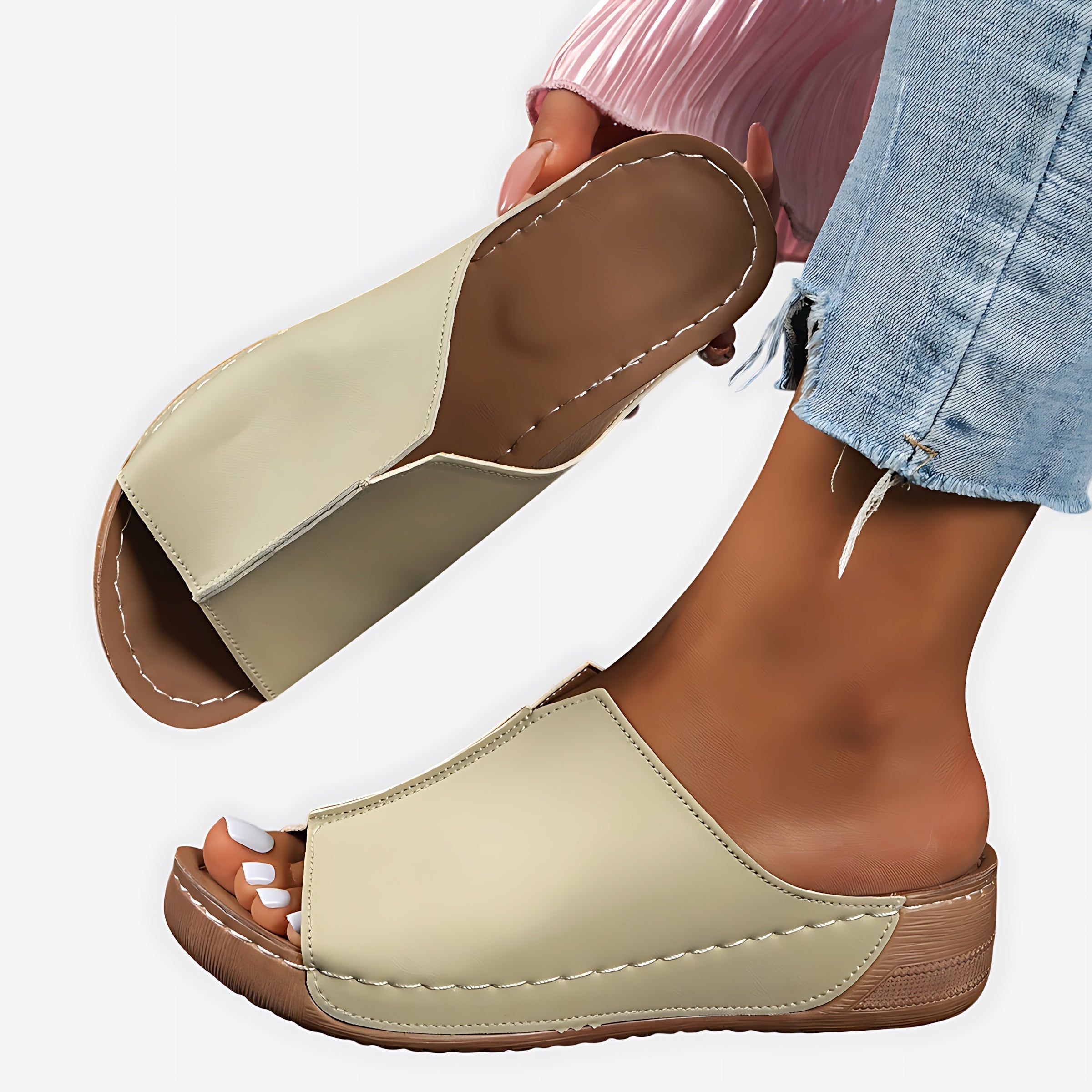 Rose – Crossover Wide Band Wedge Slide Sandals