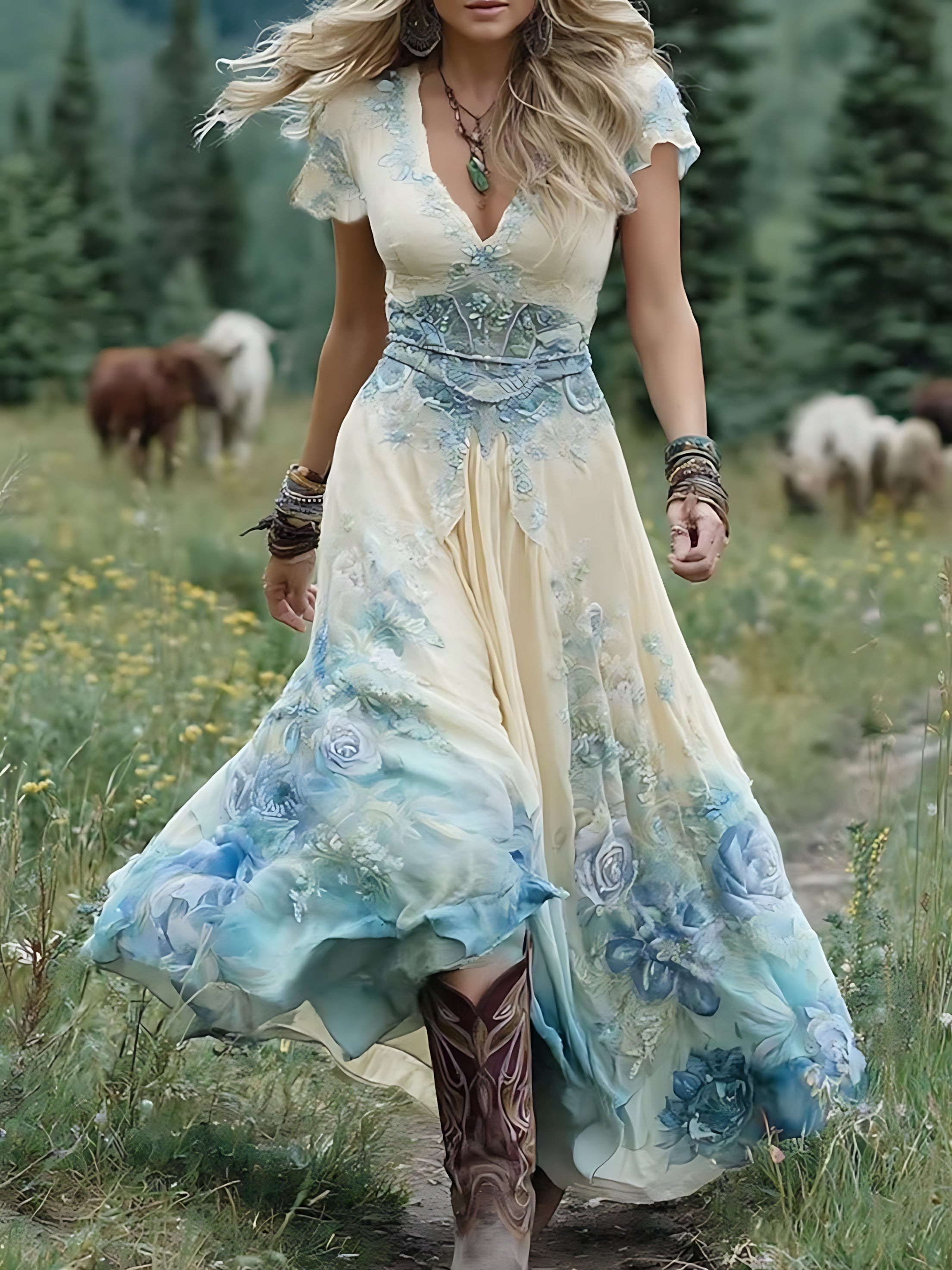 Rose – Floral Print V Neck Boho Maxi Dress