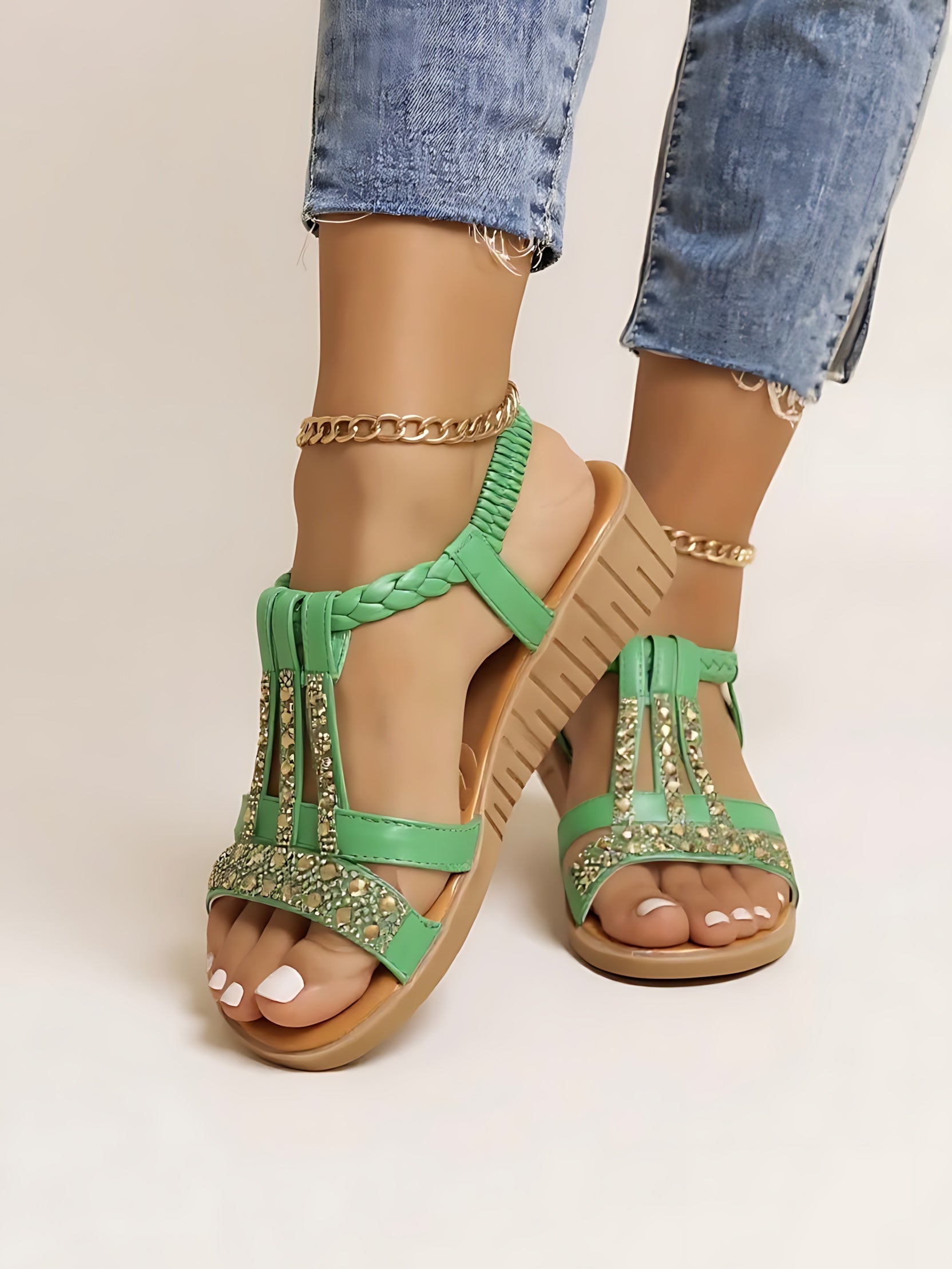 Rose – Rhinestone T-Strap Wedge Sandals