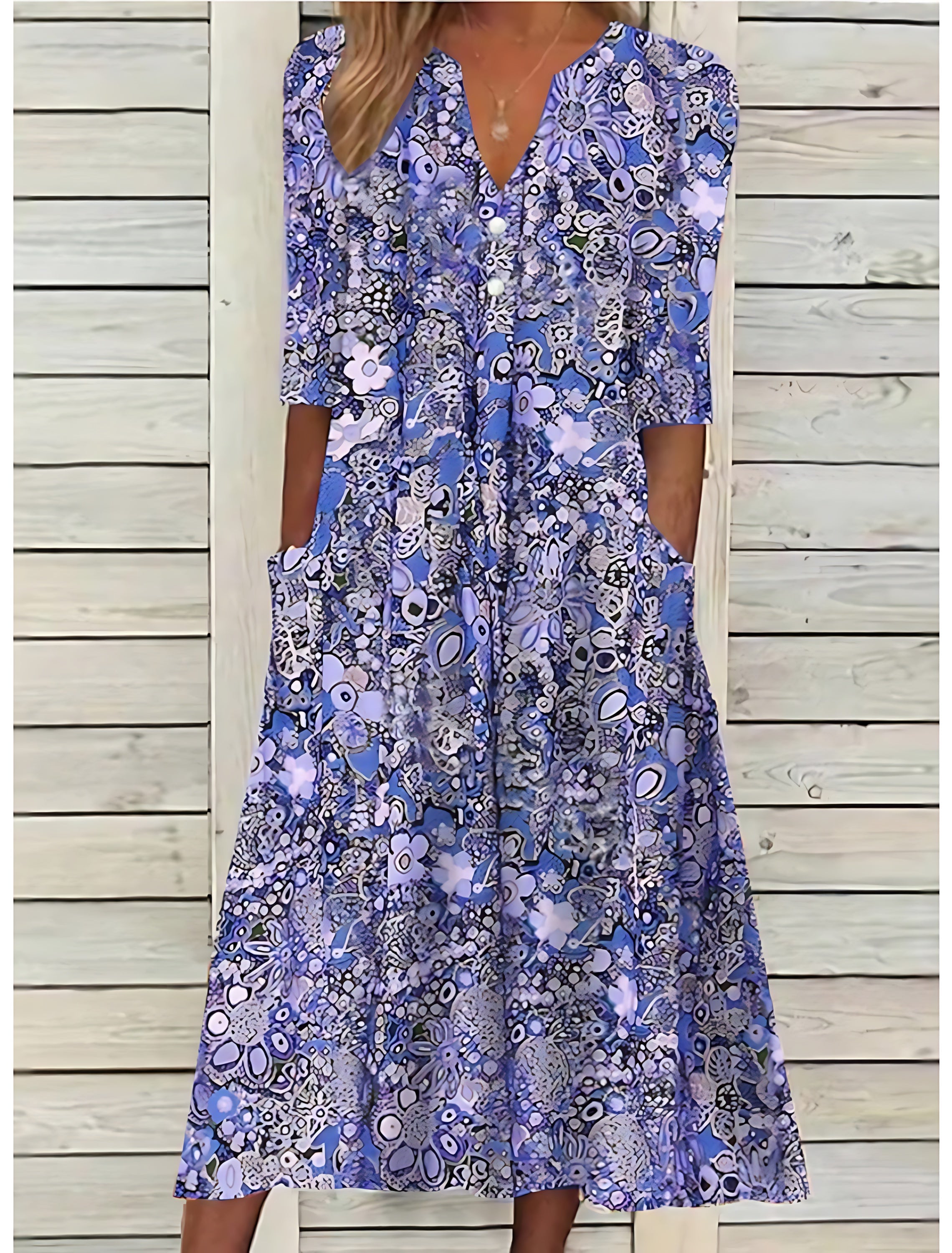 Ruby – Floral Print 3/4 Sleeve Summer Midi Dress