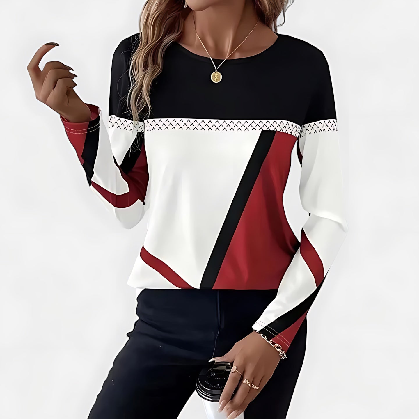 Ruby – Geometric Color Block Crew Neck Sweater