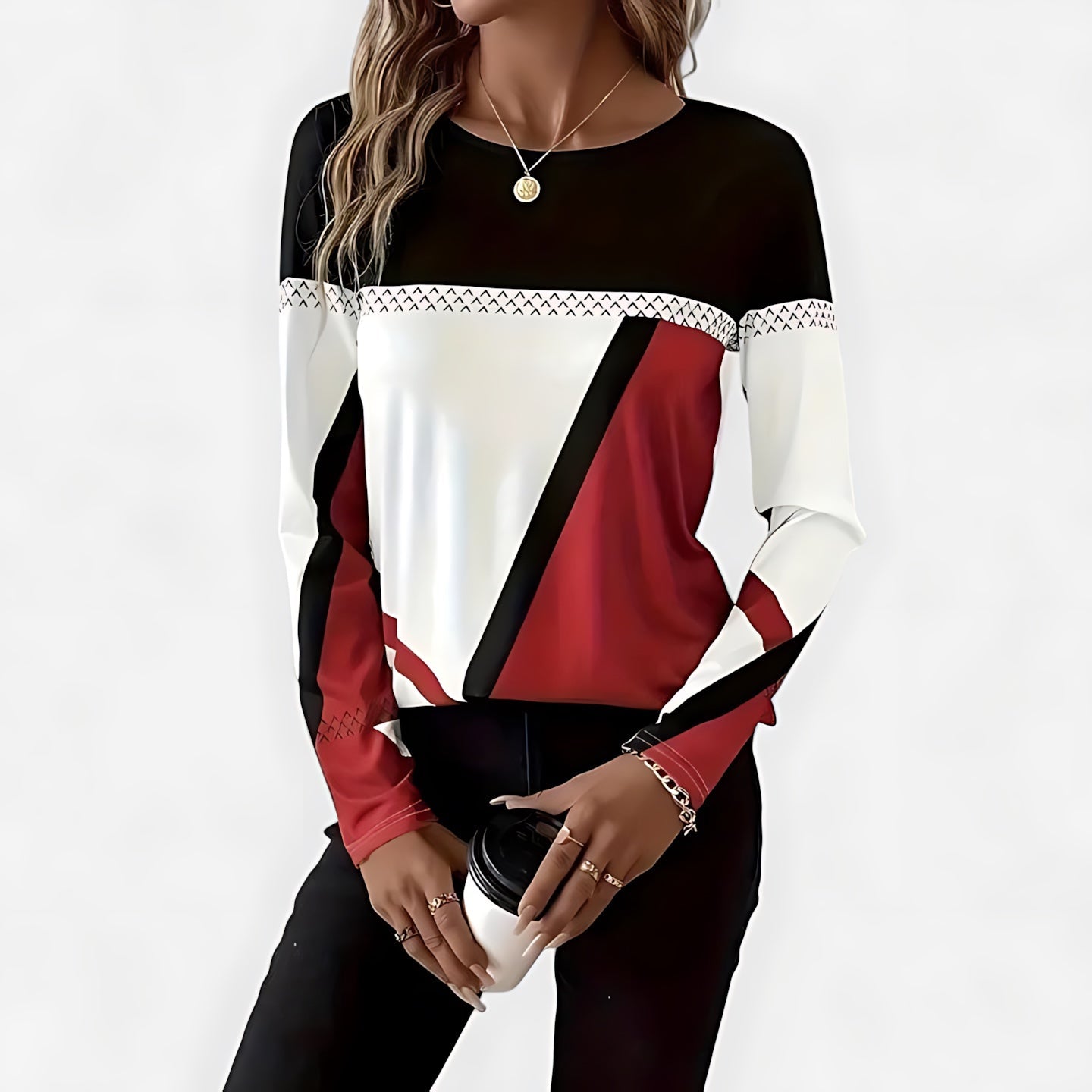 Ruby – Geometric Color Block Crew Neck Sweater