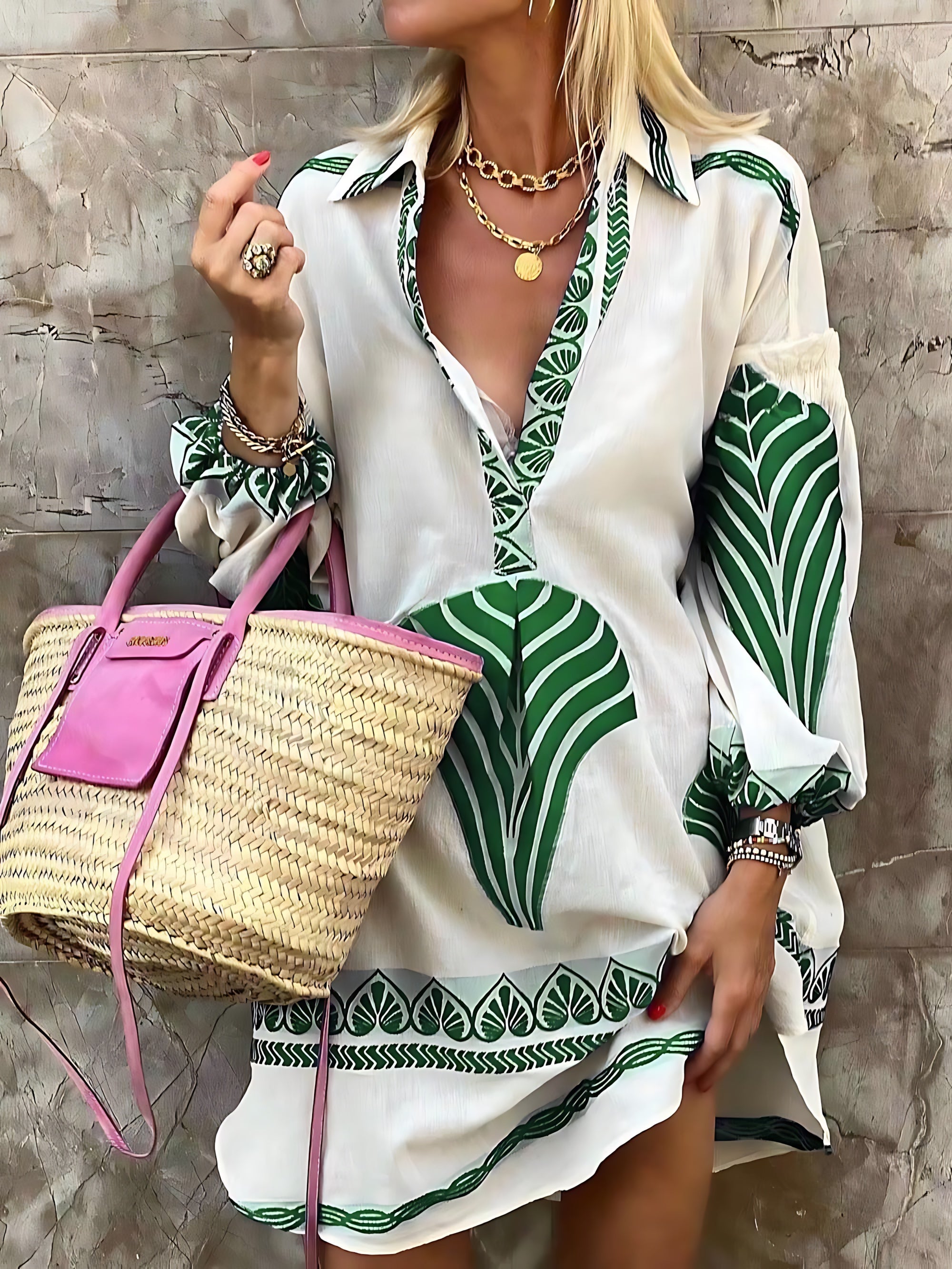 Ruby – Printed Deep V Neck Long Sleeve Mini Dress