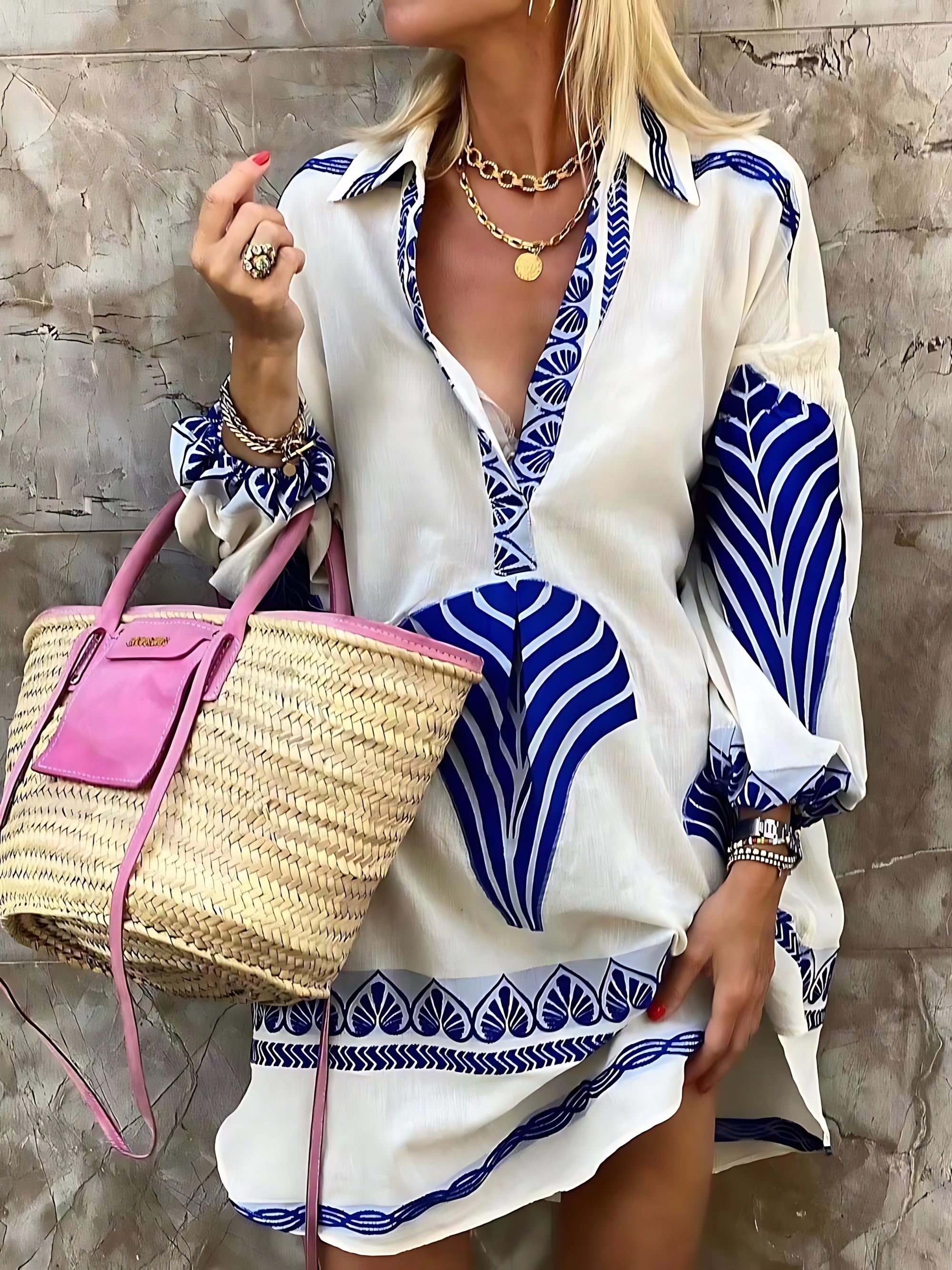 Ruby – Printed Deep V Neck Long Sleeve Mini Dress