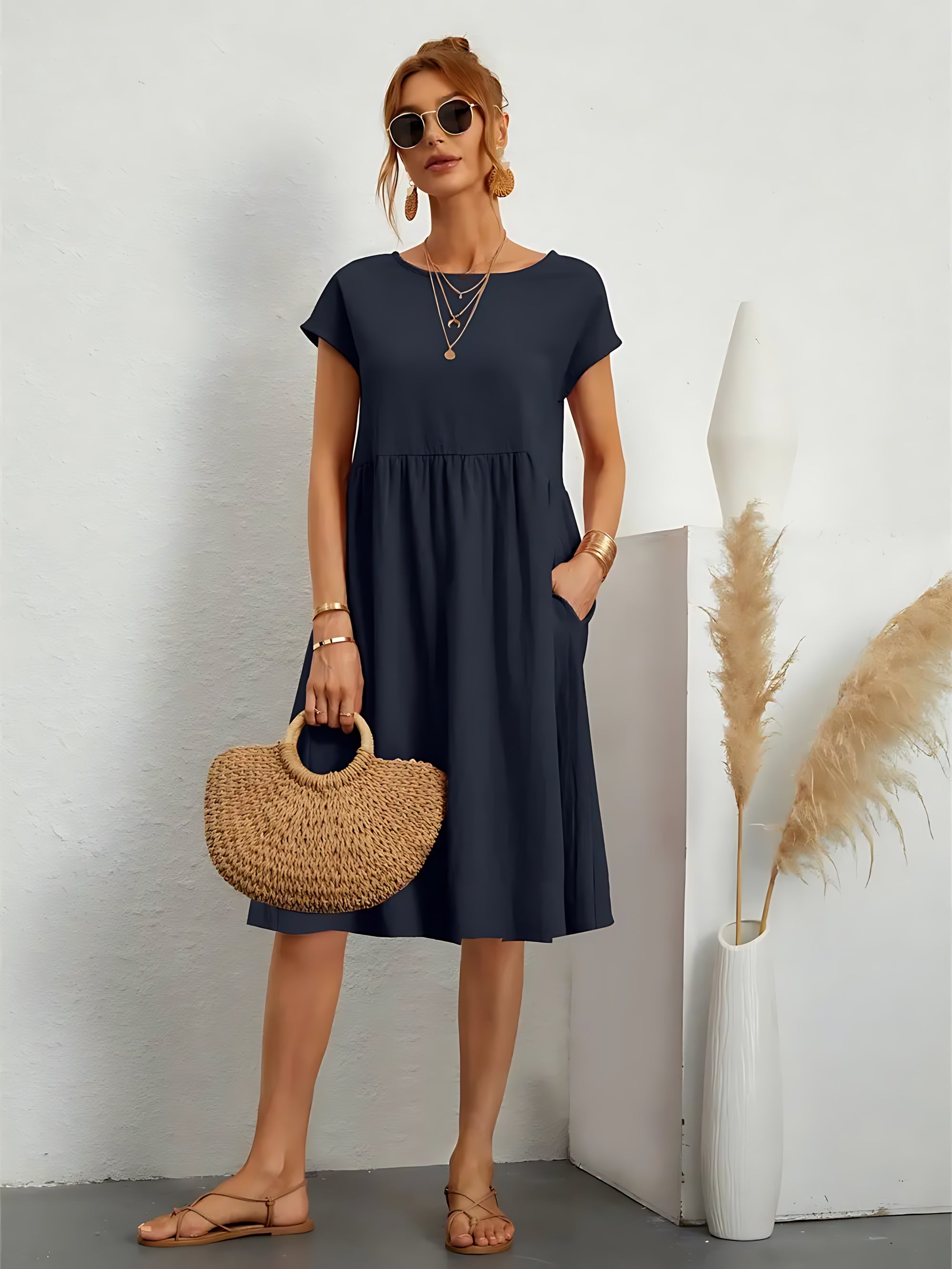 Sabrina – Crew Neck Short Sleeve A Line Midi Dress
