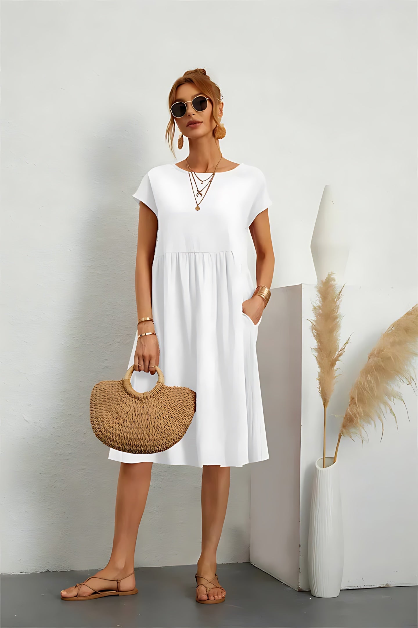 Sabrina – Crew Neck Short Sleeve A Line Midi Dress