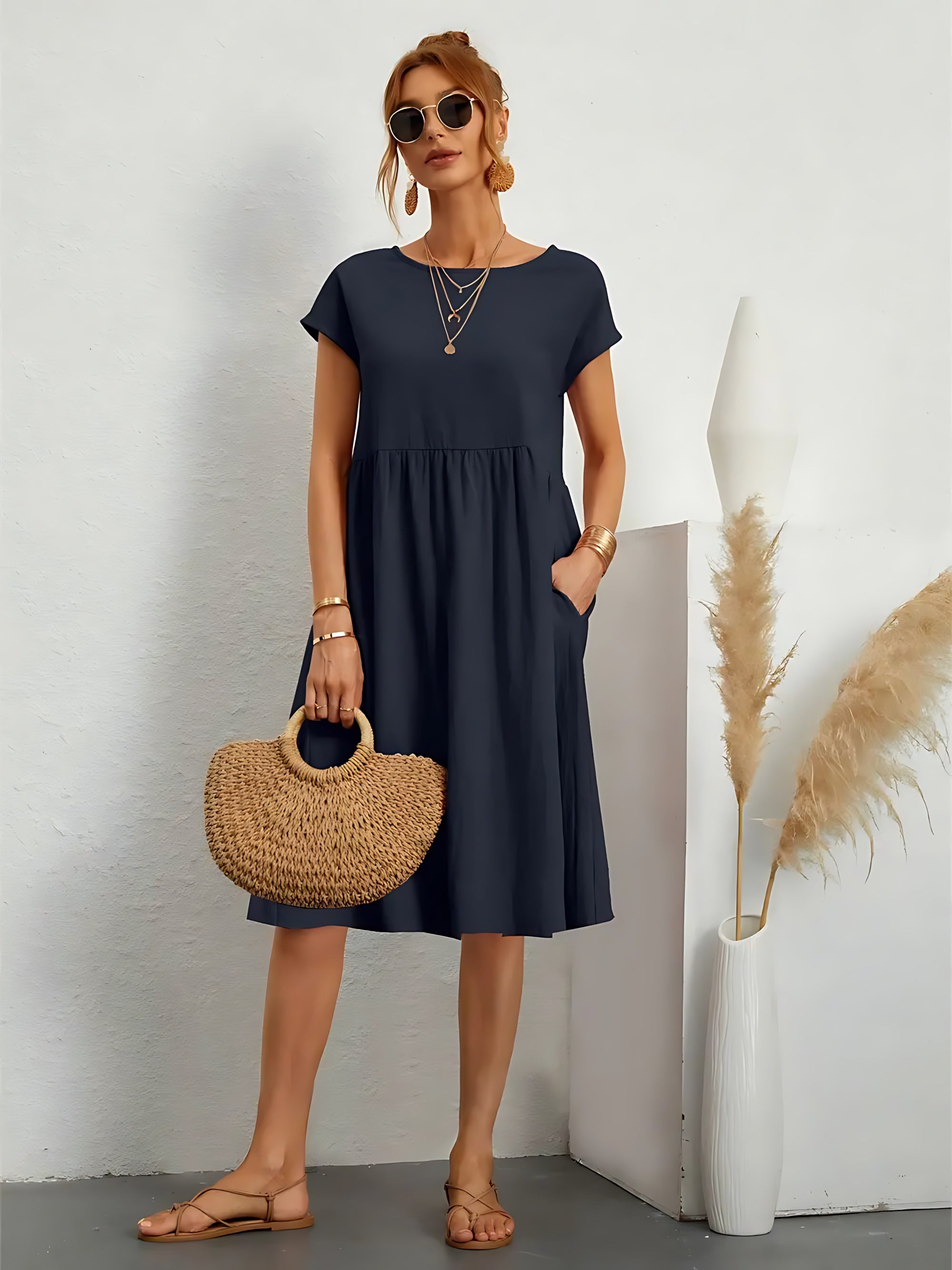Sabrina – Crew Neck Short Sleeve A Line Midi Dress