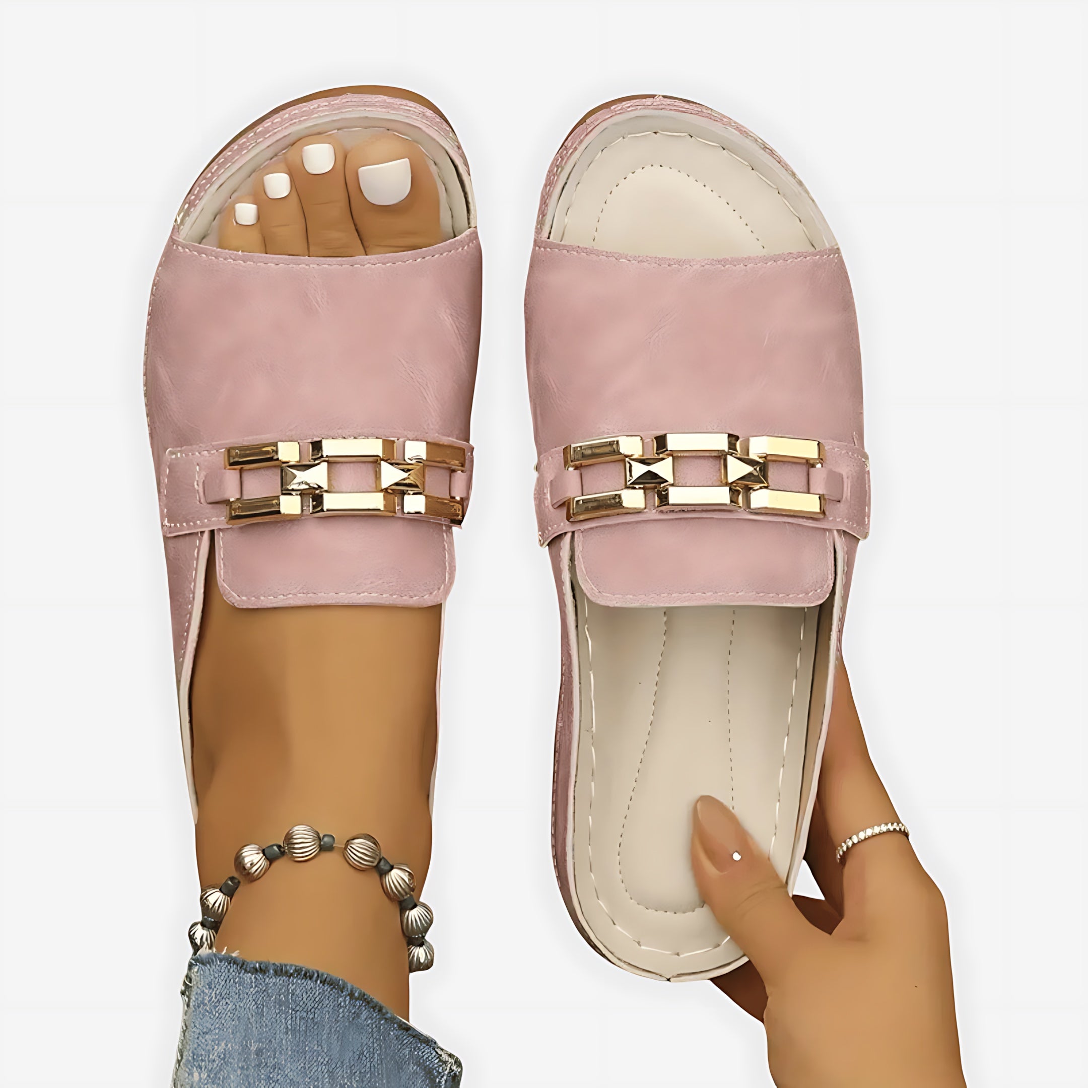 Sadie – Chain Slide Low Wedge Sandals