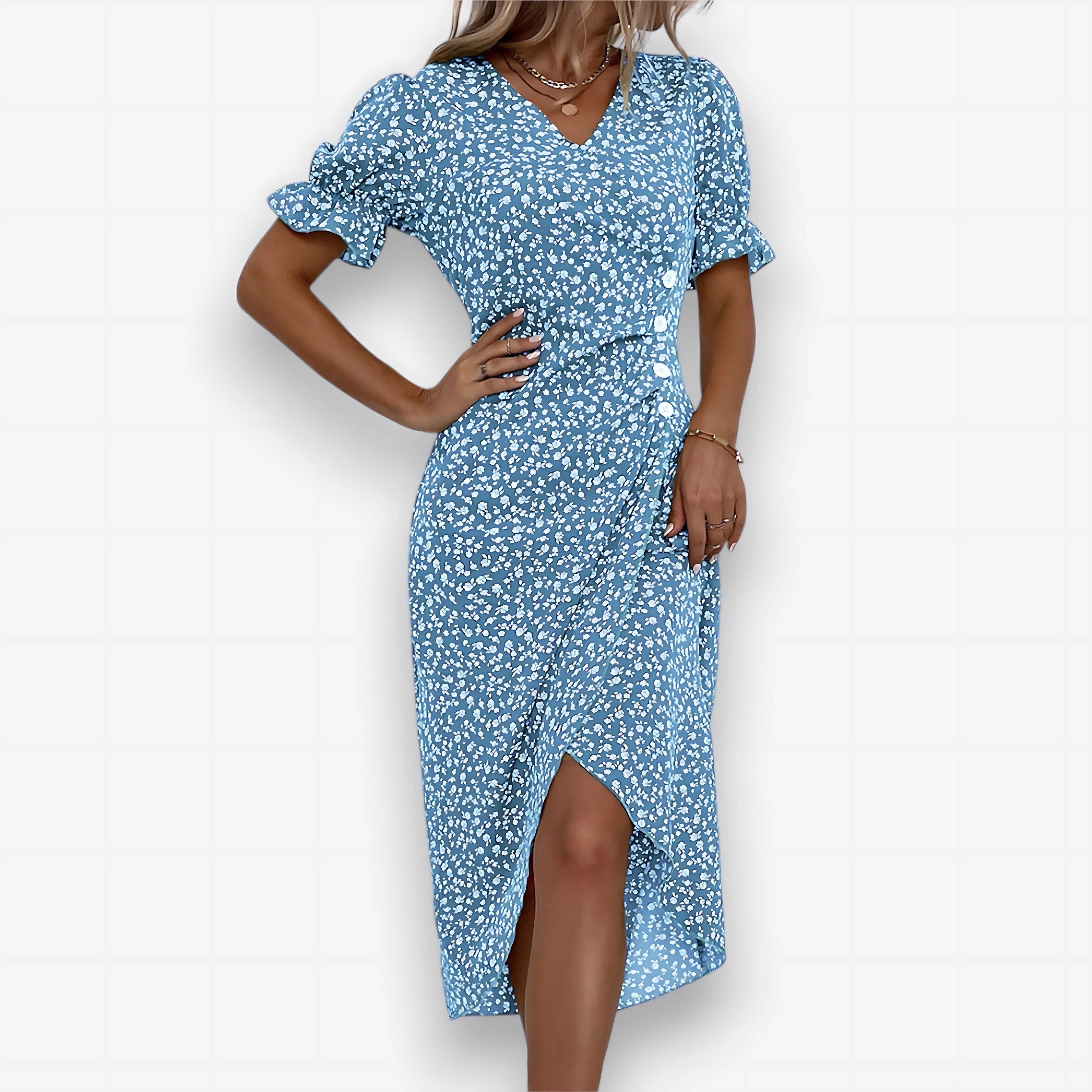 Sadie – Ditsy Floral Puff Sleeve Wrap Midi Dress