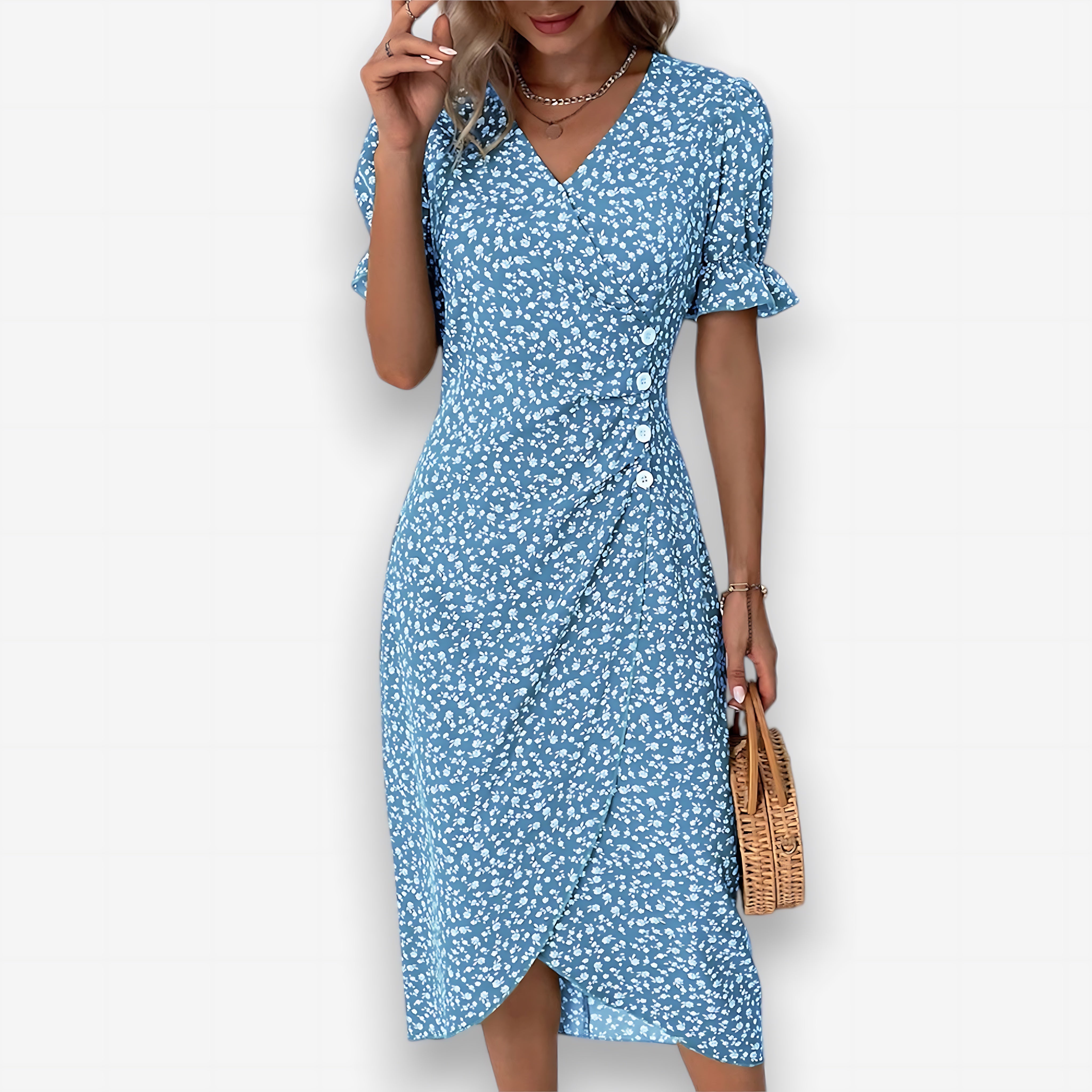 Sadie – Ditsy Floral Puff Sleeve Wrap Midi Dress