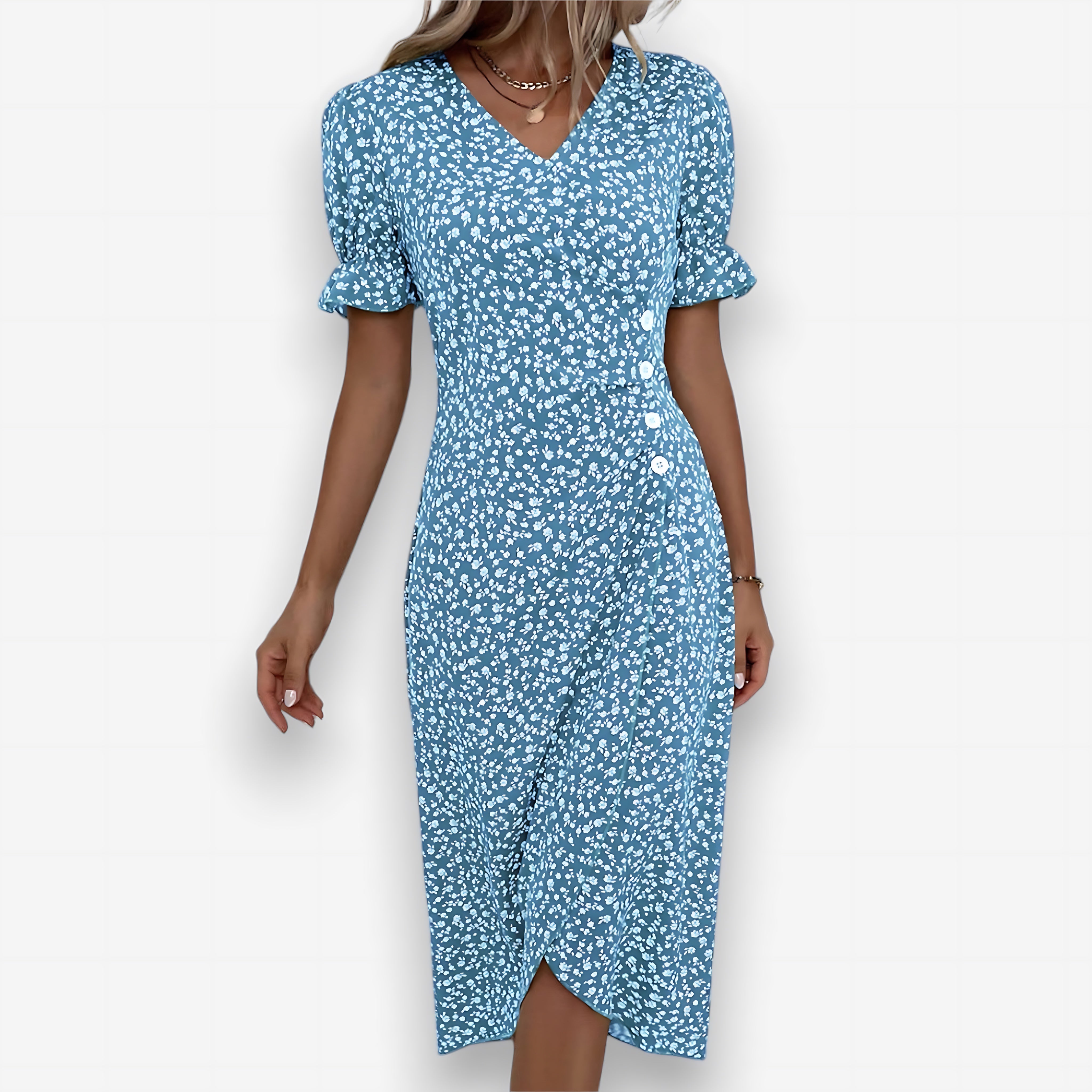 Sadie – Ditsy Floral Puff Sleeve Wrap Midi Dress