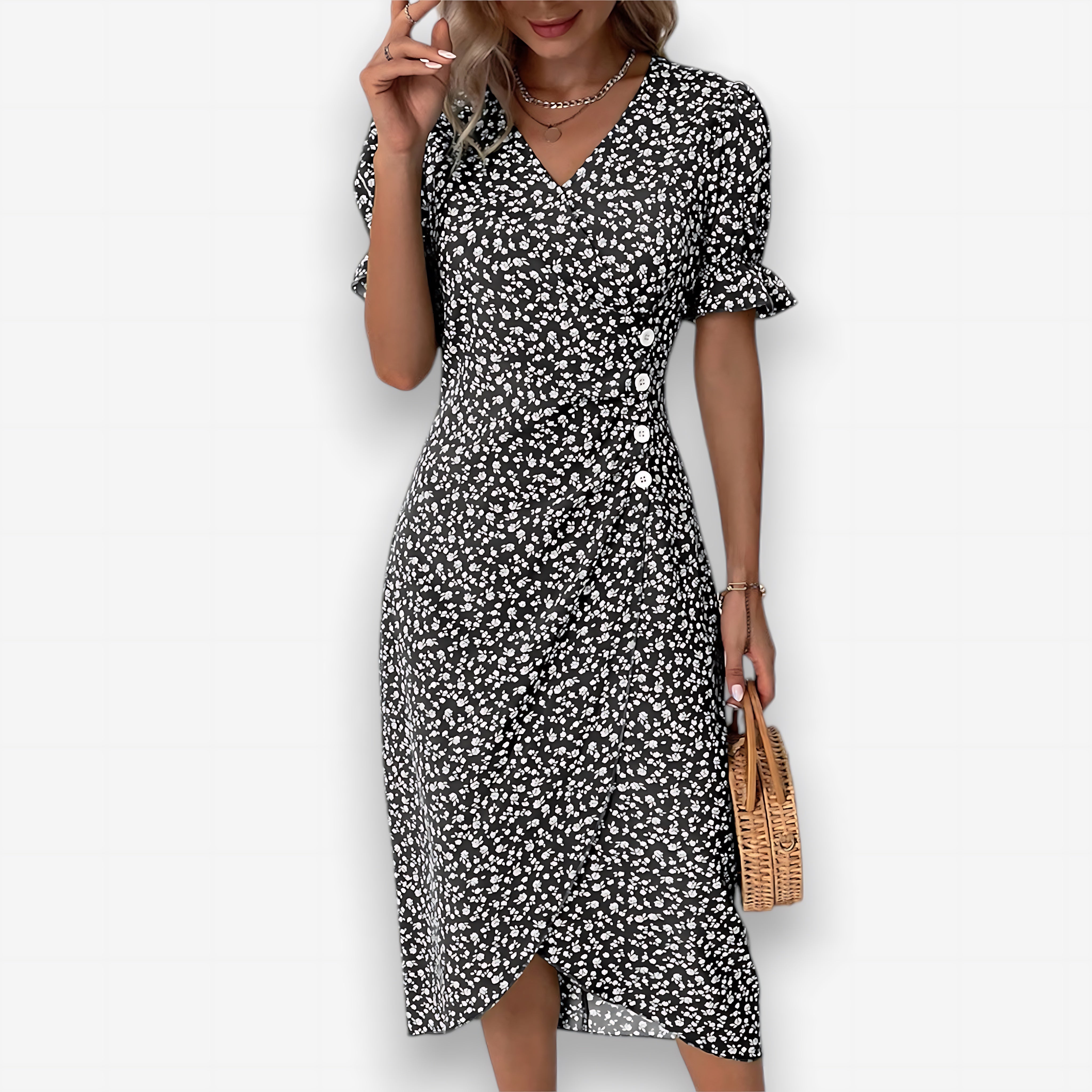 Sadie – Ditsy Floral Puff Sleeve Wrap Midi Dress