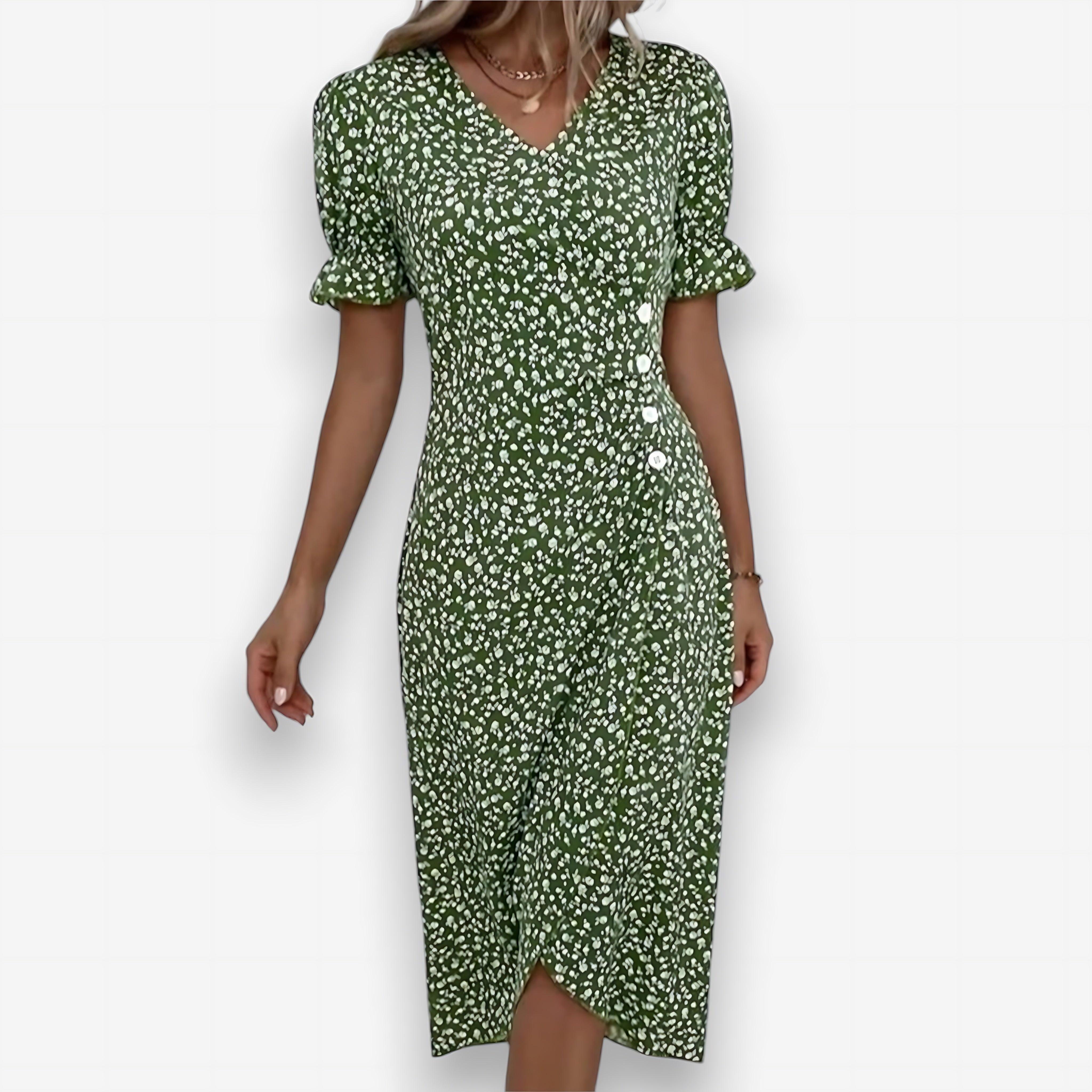 Sadie – Ditsy Floral Puff Sleeve Wrap Midi Dress