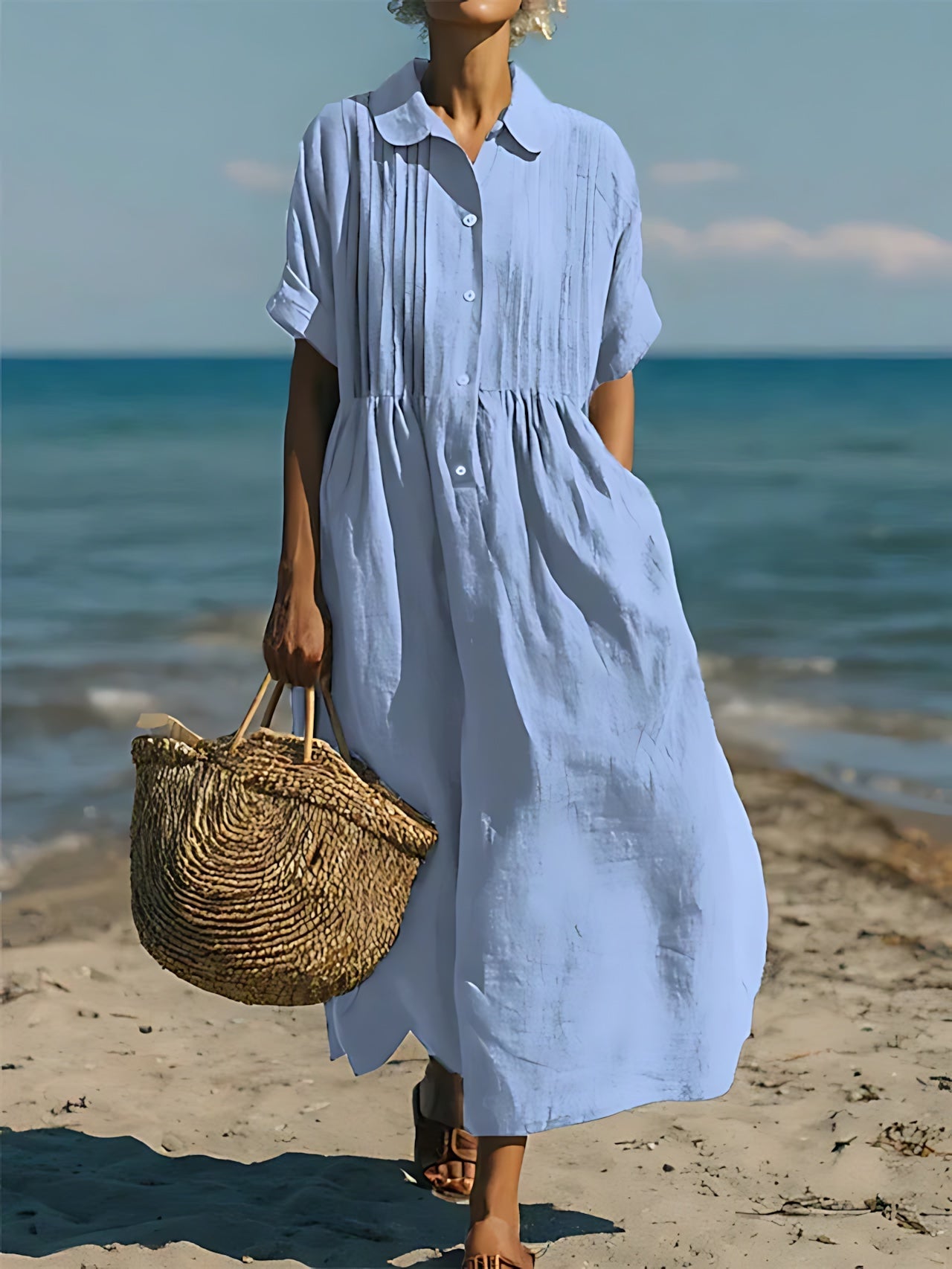 Sara – Collared Short Sleeve Midi Shirt Dress