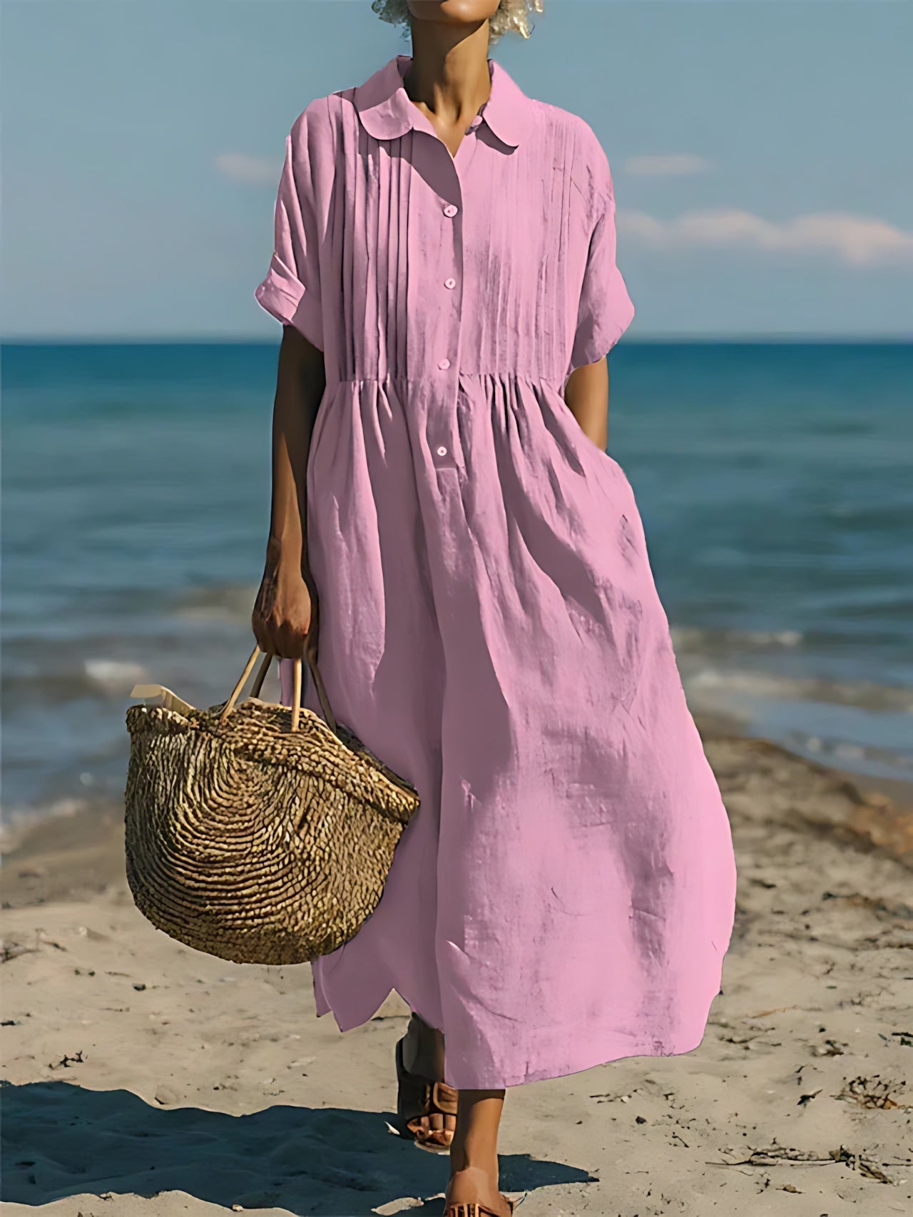 Sara – Collared Short Sleeve Midi Shirt Dress