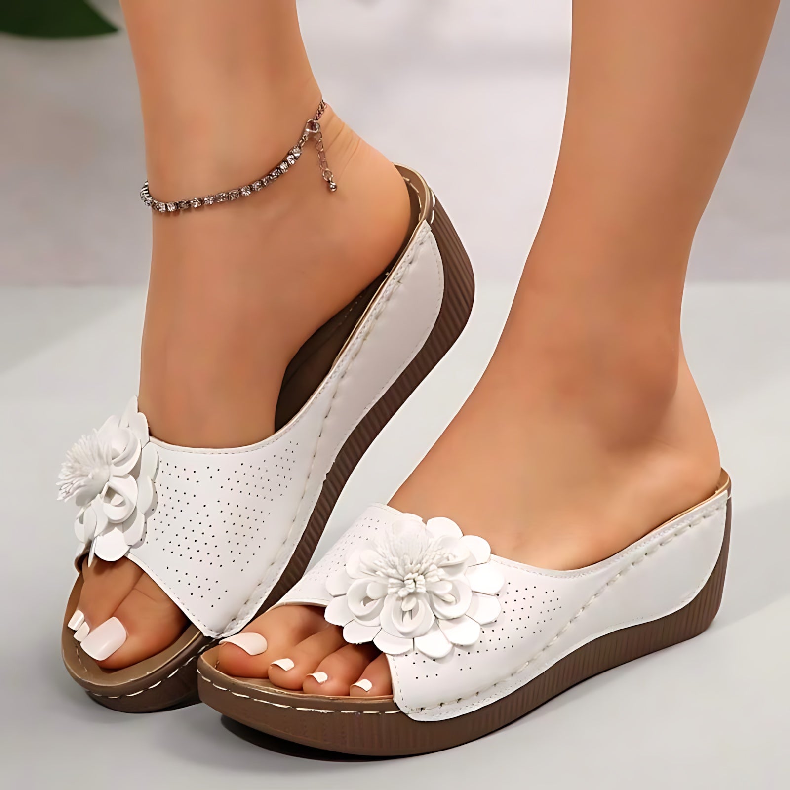 Sara – Floral Wedge Slide Sandals