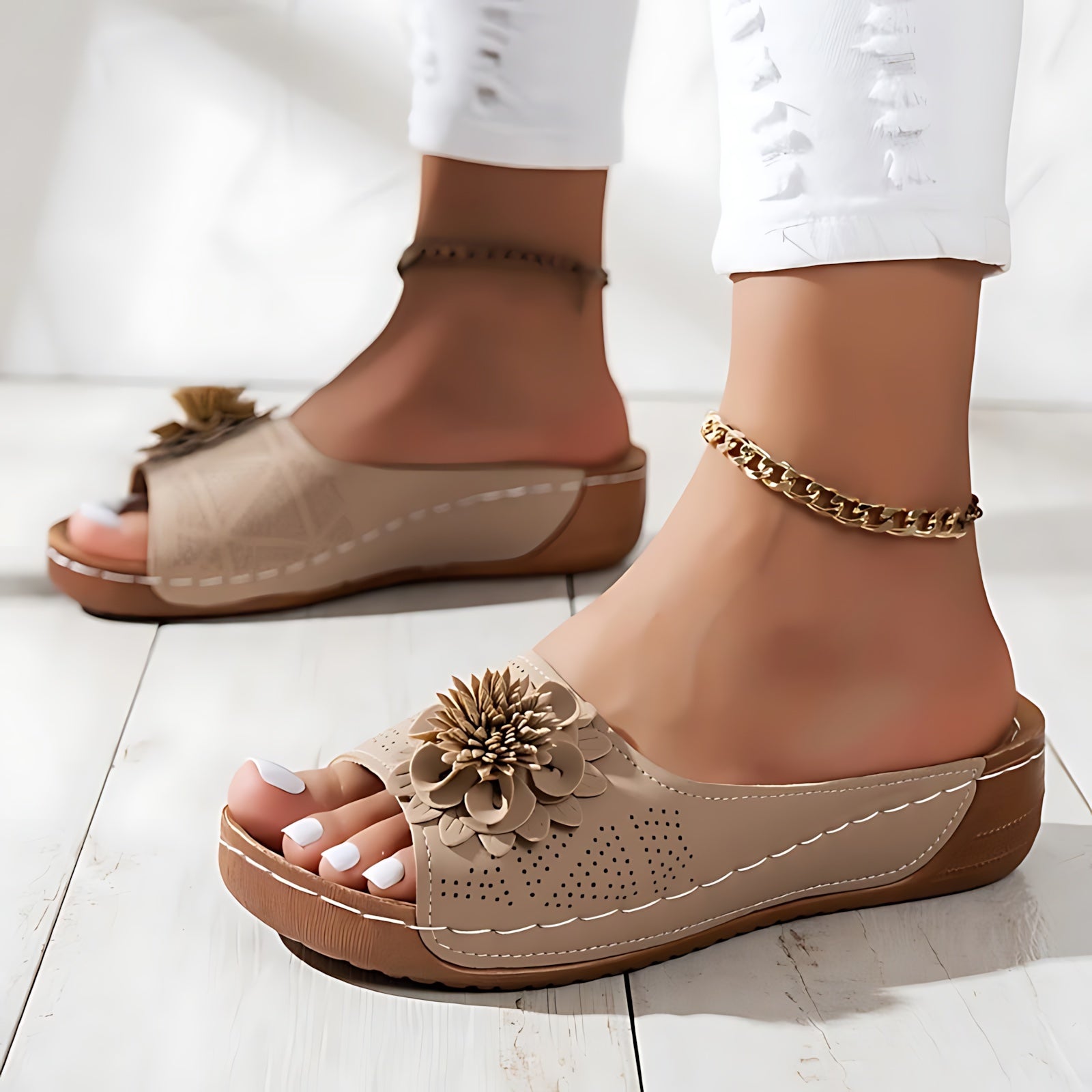 Sara – Floral Wedge Slide Sandals