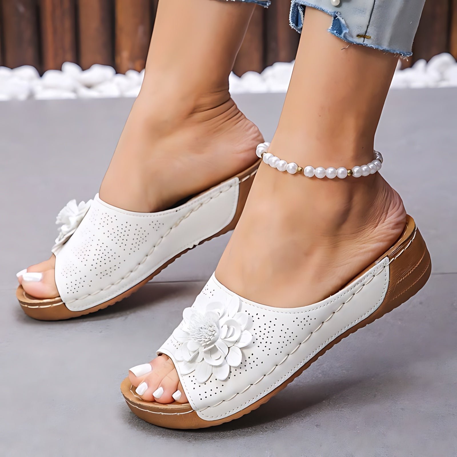 Sara – Floral Wedge Slide Sandals