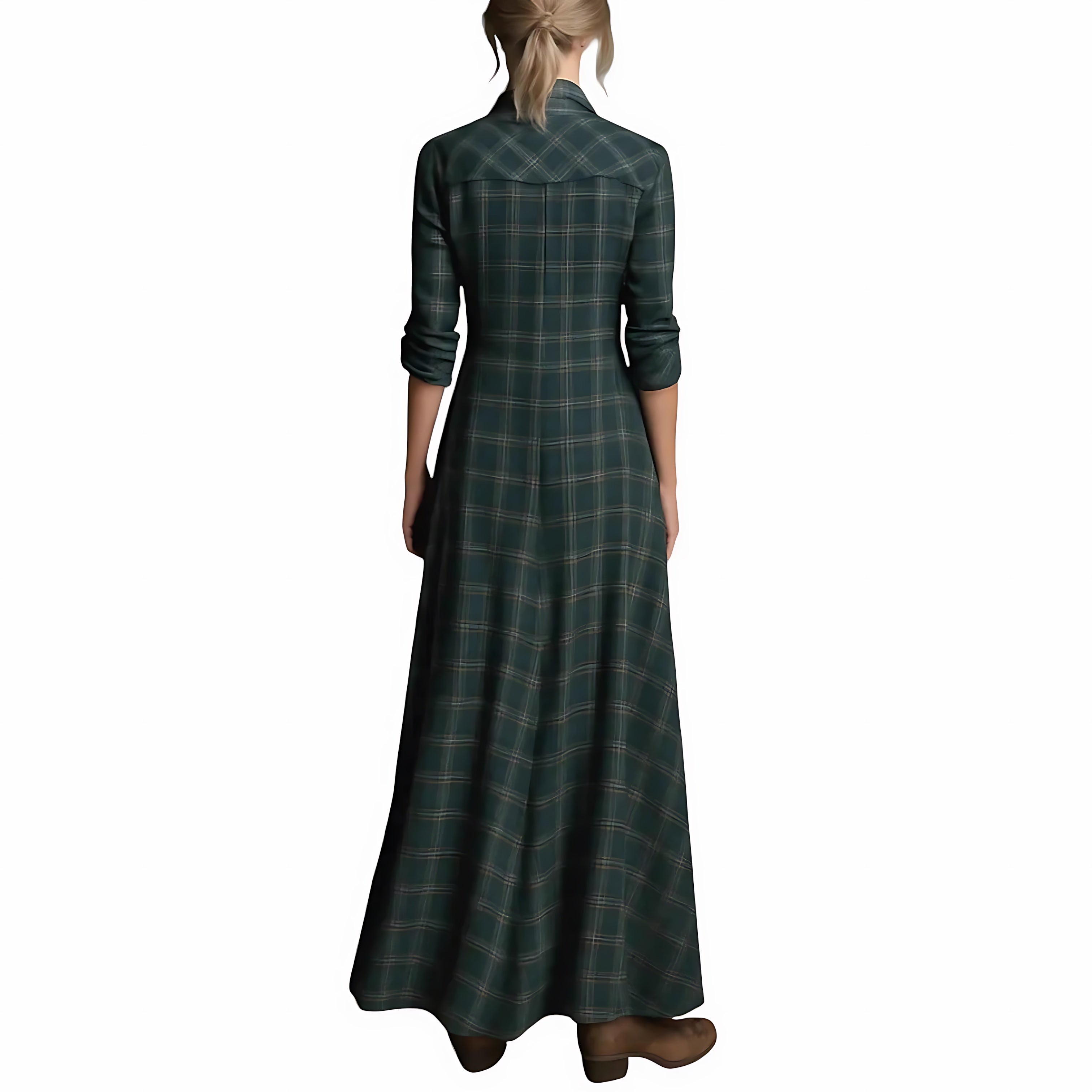 Sara – Plaid Collared Long Sleeve Maxi Shirt Dress