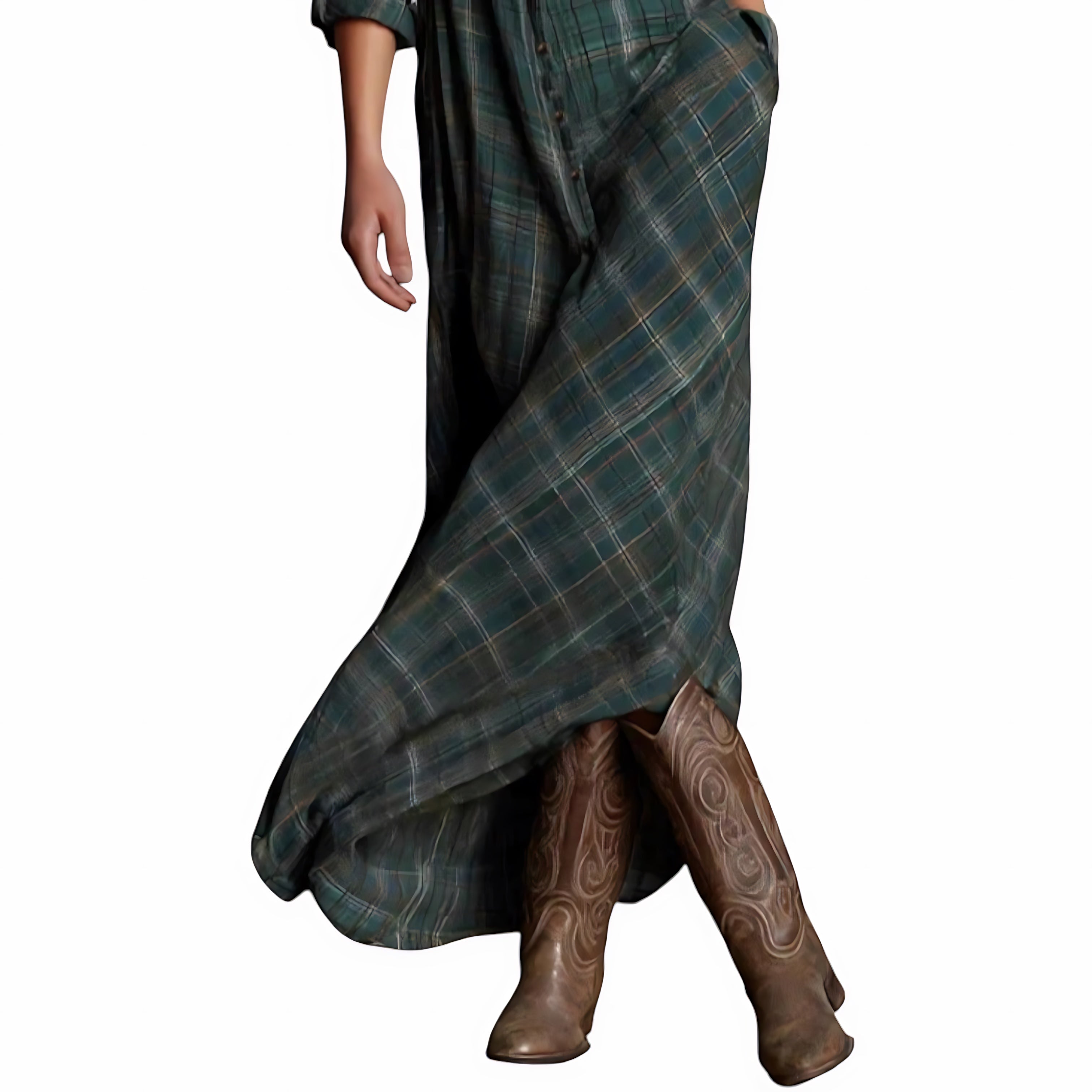 Sara – Plaid Collared Long Sleeve Maxi Shirt Dress