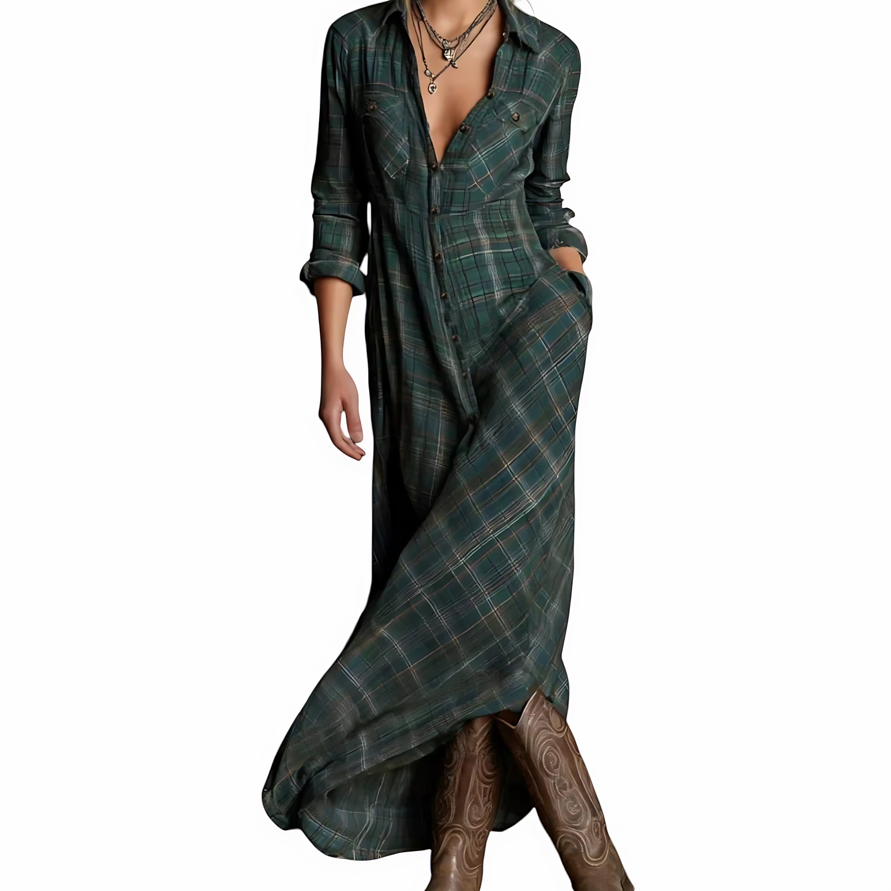 Sara – Plaid Collared Long Sleeve Maxi Shirt Dress