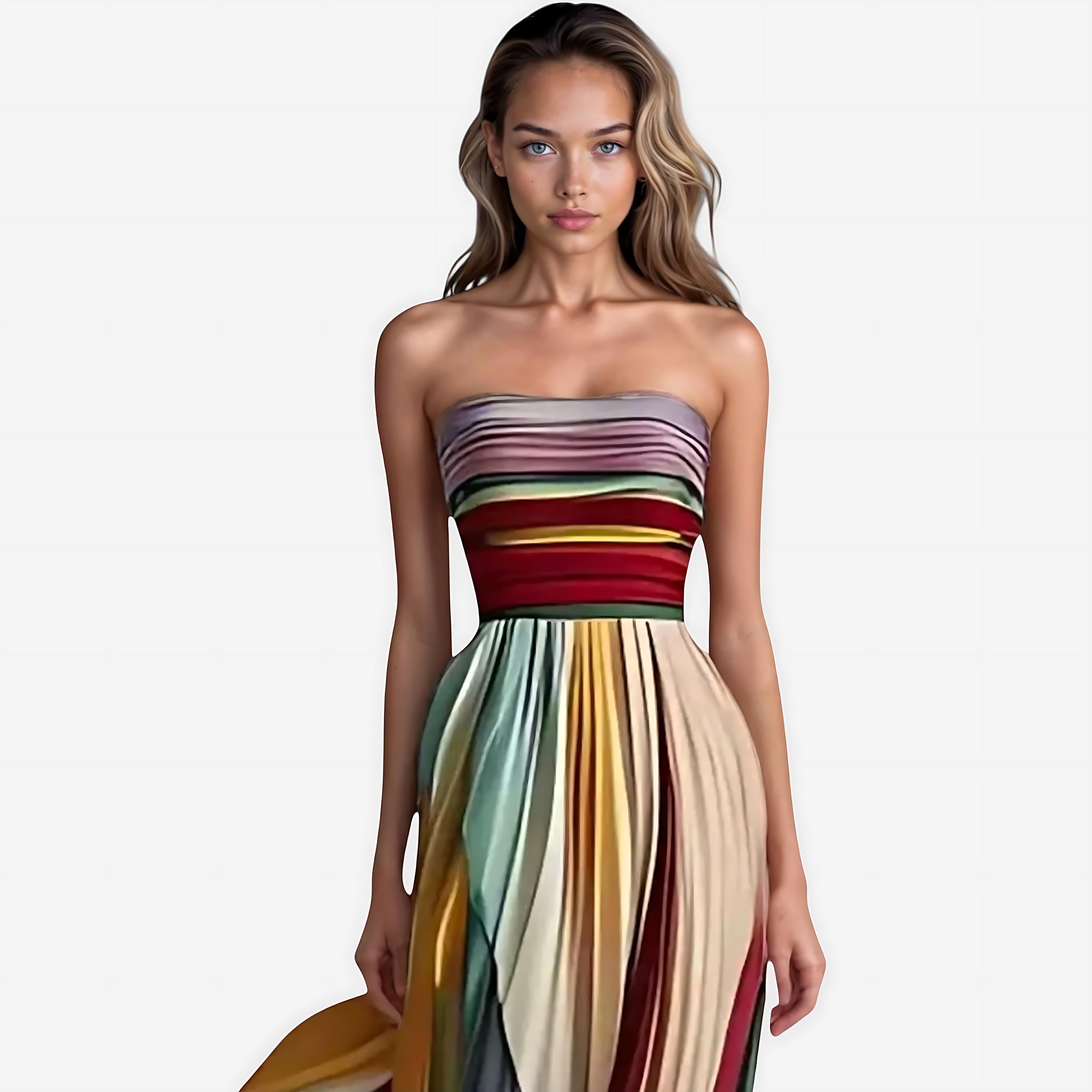 Sarah – Striped Strapless Pleated Evening Maxi Dress