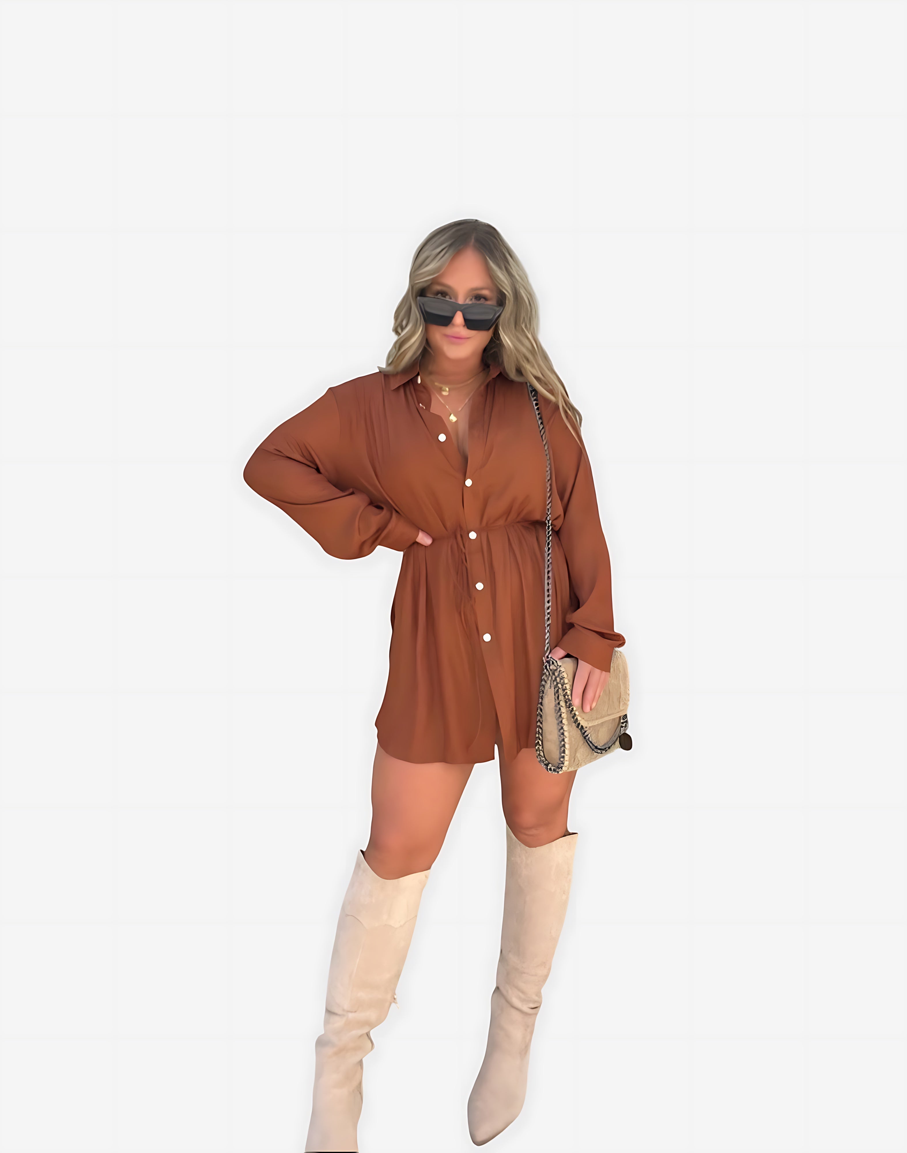 Savannah – Cinched Waist Long Sleeve Mini Shirt Dress