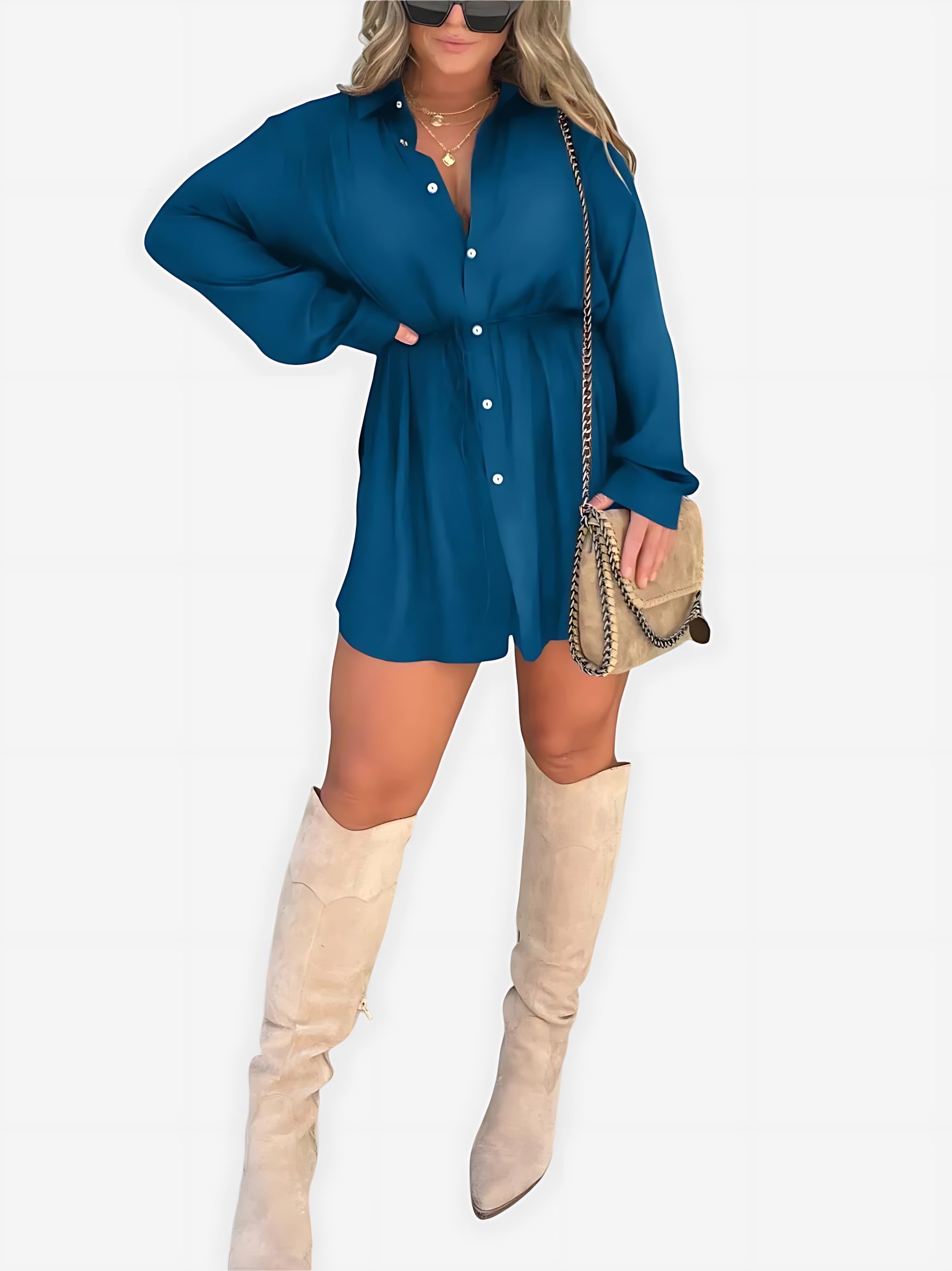 Savannah – Cinched Waist Long Sleeve Mini Shirt Dress