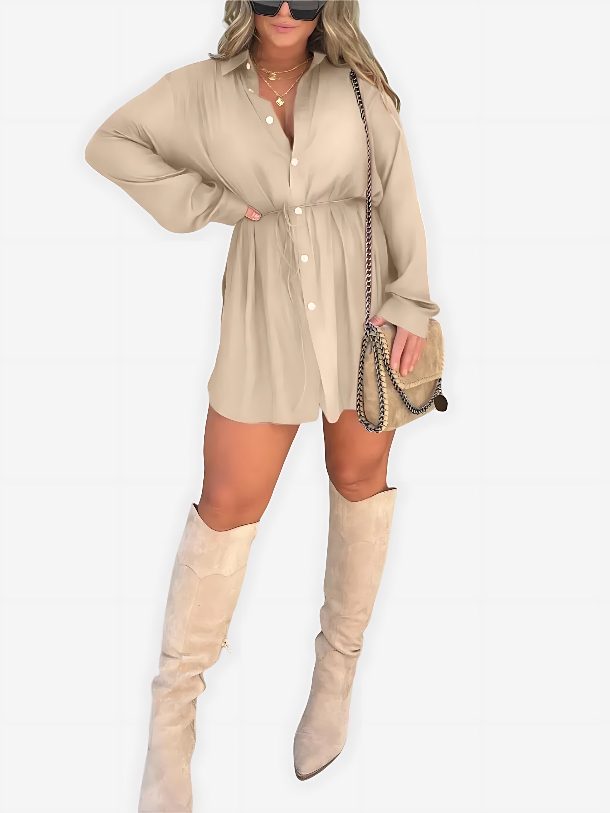 Savannah – Cinched Waist Long Sleeve Mini Shirt Dress