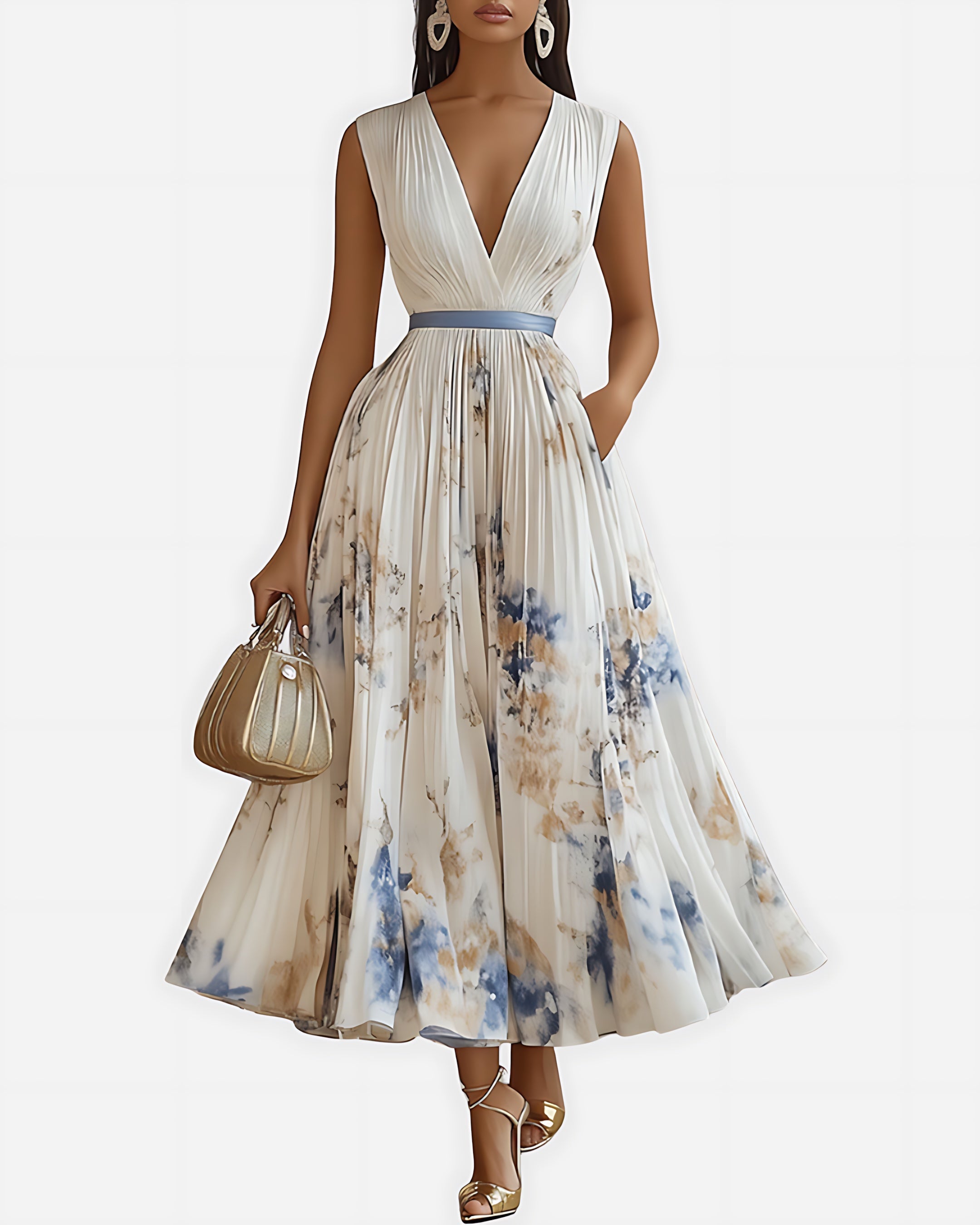 Scarlett – Abstract Print V Neck Pleated Midi Dress