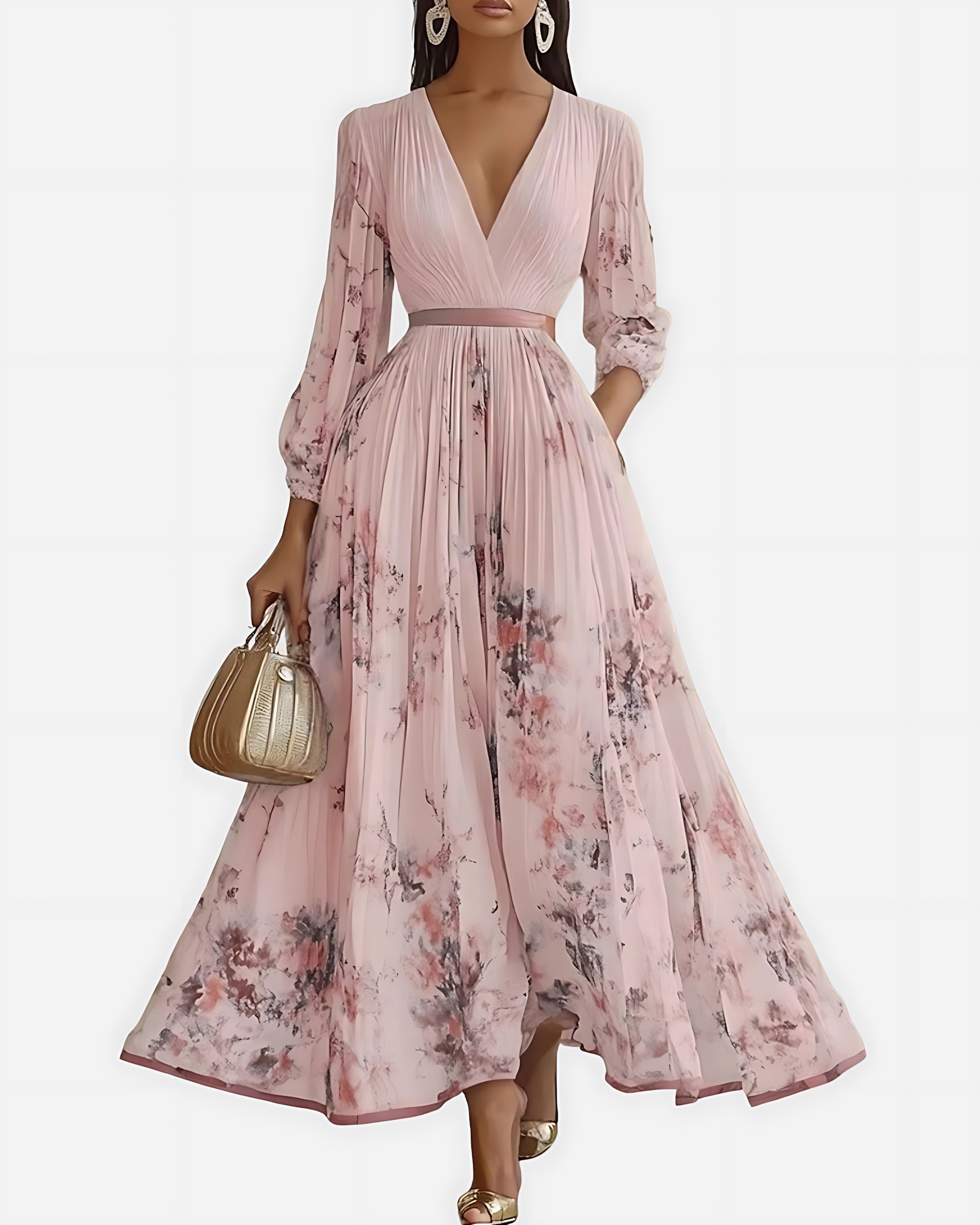 Scarlett – Abstract Print V Neck Pleated Midi Dress