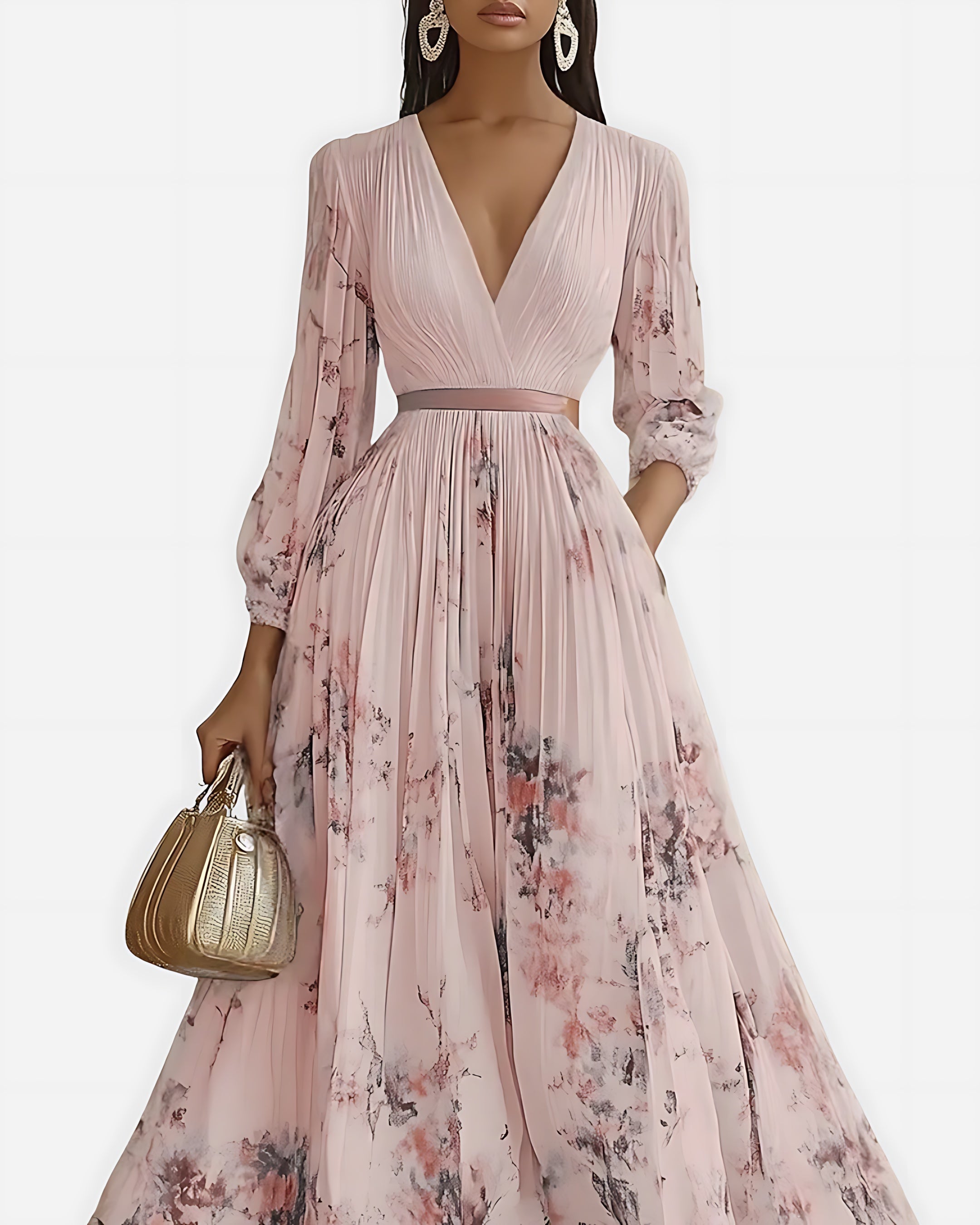Scarlett – Abstract Print V Neck Pleated Midi Dress