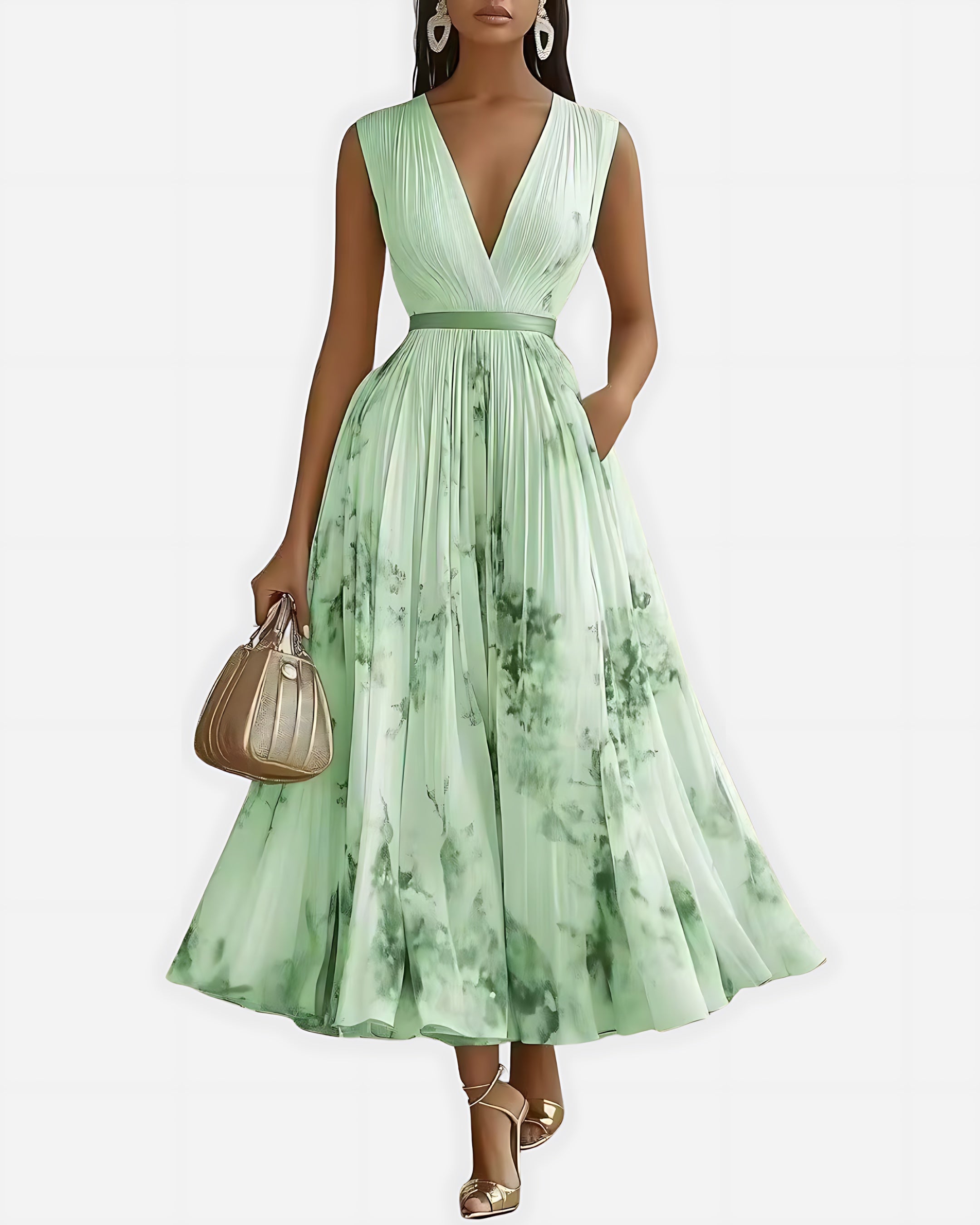 Scarlett – Abstract Print V Neck Pleated Midi Dress